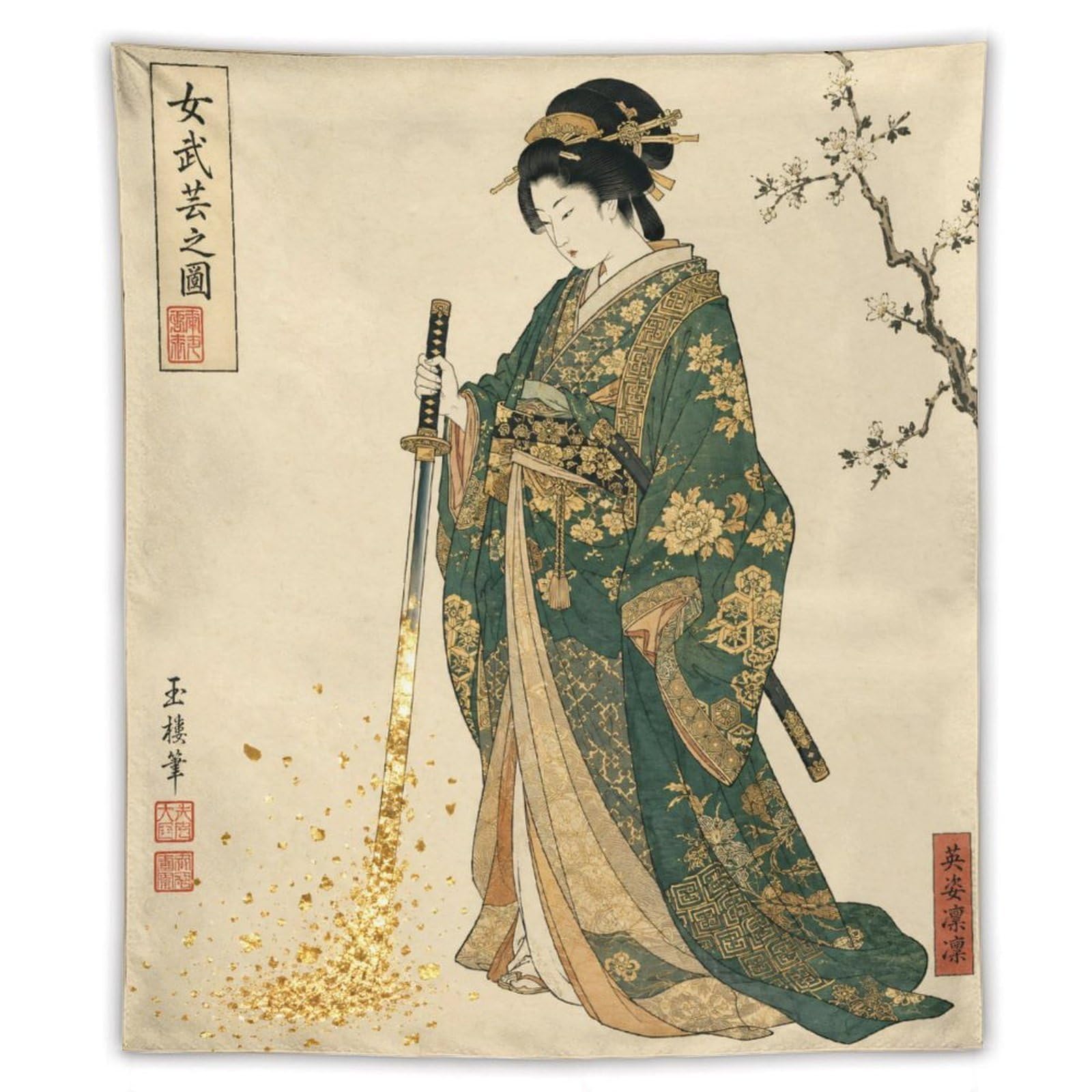 H3B8U2Y5 Japanese Woman with Sword Wall Tapestry, Ukiyo-e, Dorm Room