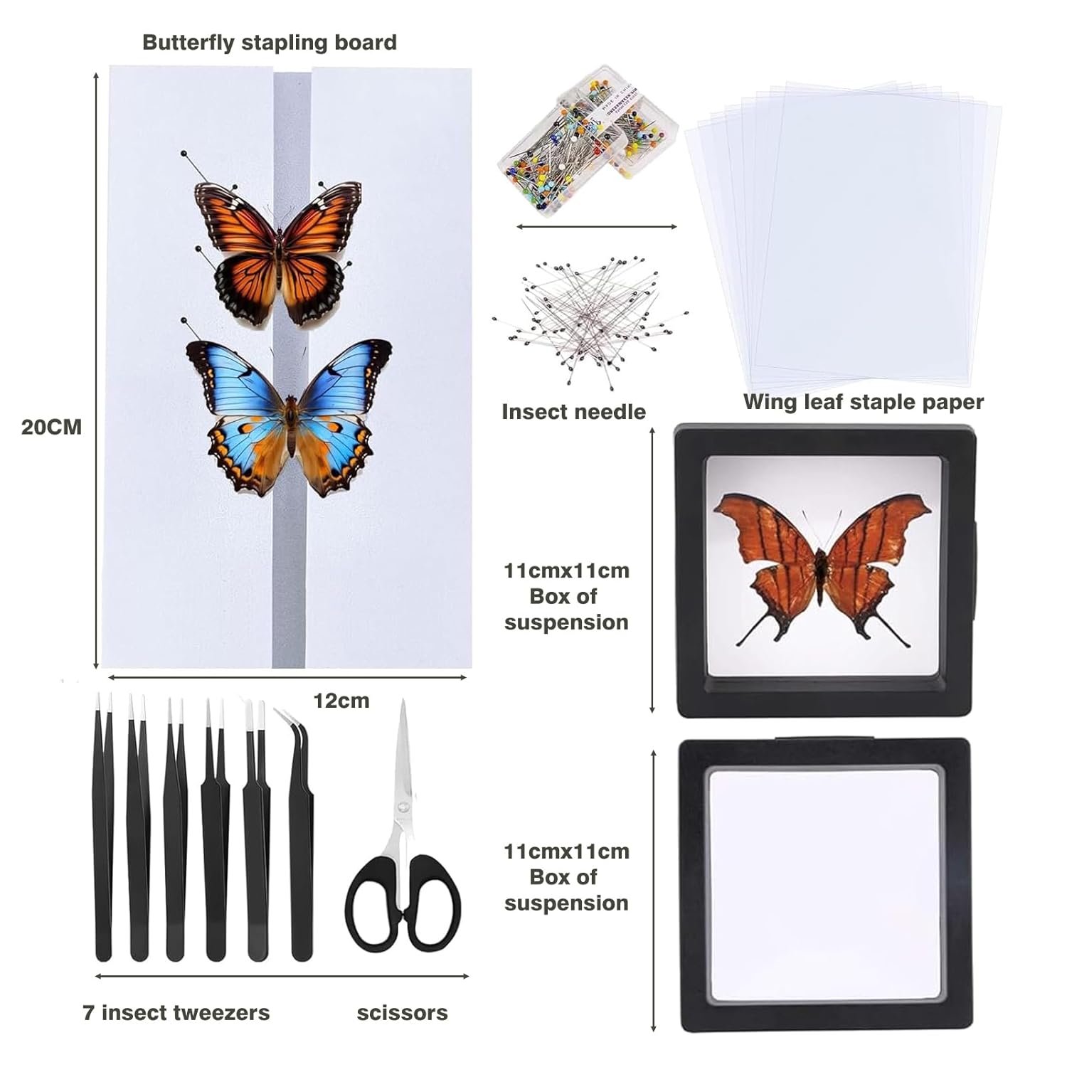 Making Butterfly Specimen kit Includes Needles, mounting Plates, 100 Insect Needles, 2 Suspension Boxes, Tweezers, Preservation and Display of Butterfly specimens. Ideal for Collectors and Educators