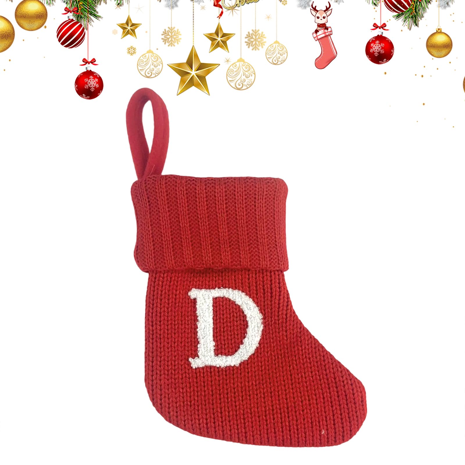 Uoaesr D Christmas Stocking, Knitte Festive Sock With Embroidere Letter, 18X15cm Personalize Christmas Stockings, Hanging Stocking For Fireplace & Tree Ecor, Personalise Gift Bag (D)