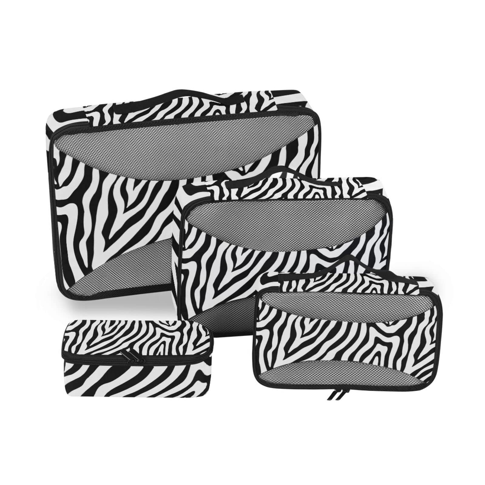 Black White Stripes Zebra Skin Animal Texture 4 Set Packing Cubes, Travel Packing Organizers, 600D Oxford Cloth Toiletry Storage Bag, Luggage Mesh Bags for Accessories