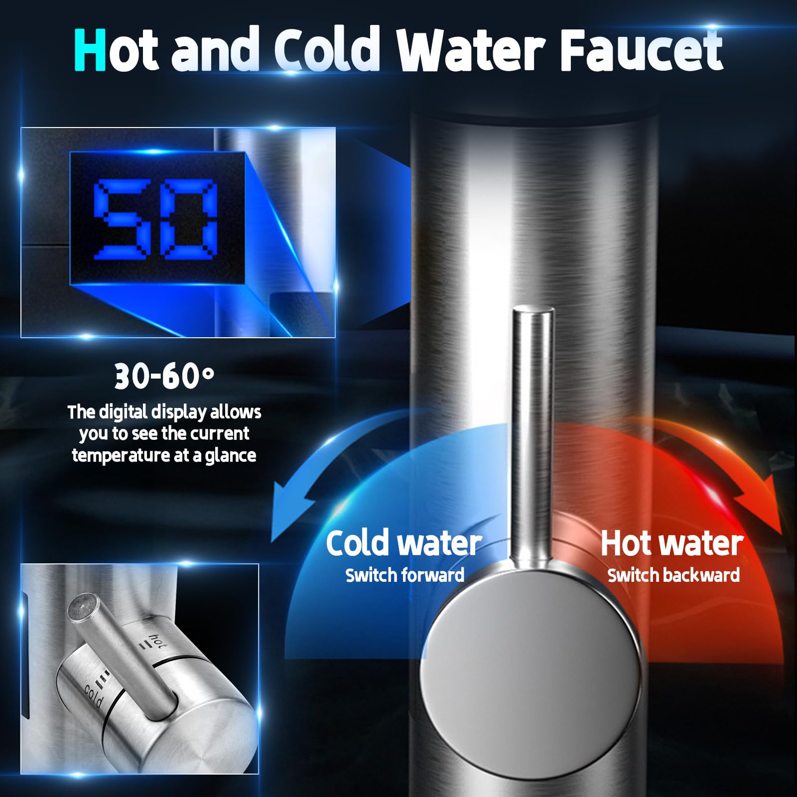 Elektrischer Wasserhahn mit Durchlauferhitzer, 220V 3300W Warmwasserhahn Küchenarmatur Smart Heater Wasserboiler für Küche, Garten, Bad, Wohwagen, Camping (F)