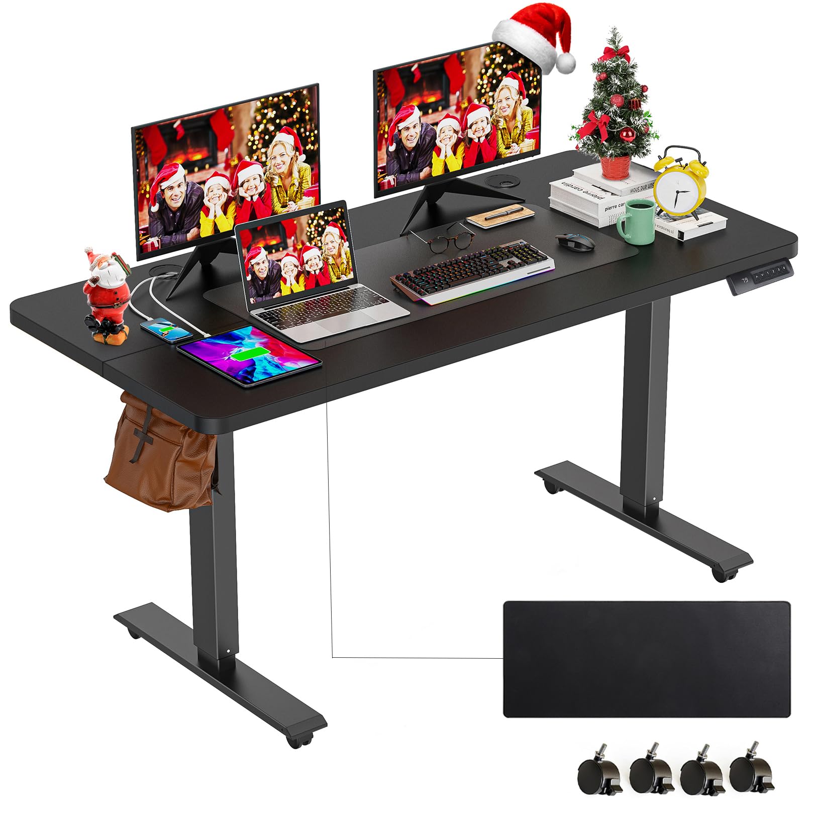 farexon Electric Standing Desk Adjustable Height, 55 x 24 Inch Stand up Desk with Large Mouse Pad, Rolling Wheels & Foot Pad,27''-46'' Lifting Range