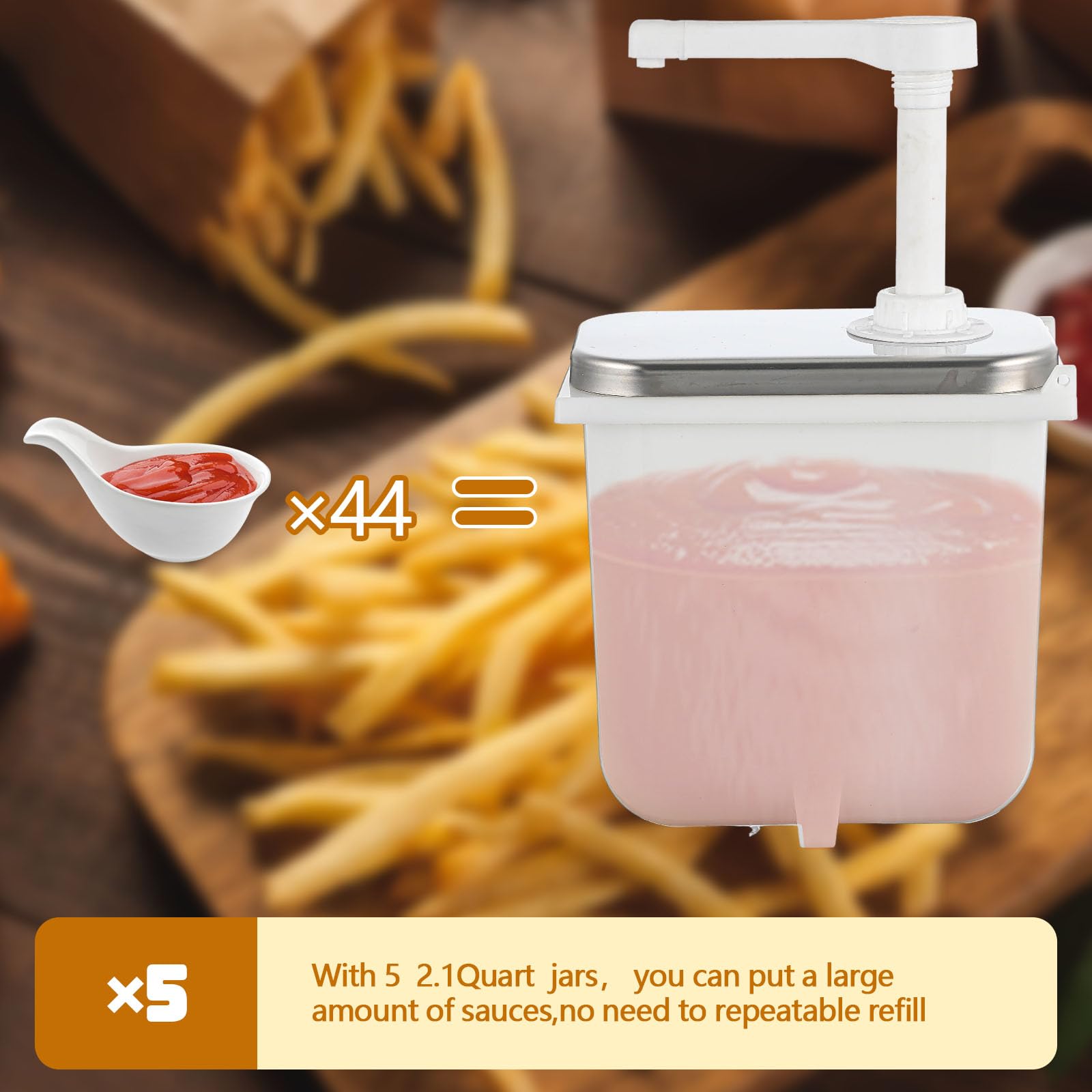 Tioncy Dispenser per salse da 10 litri con dispenser per condimenti con 5 barattoli da 2,1 litri con pompa per sciroppo, tahini, ketchup, condimenti per insalata di soia e salsa barbecue