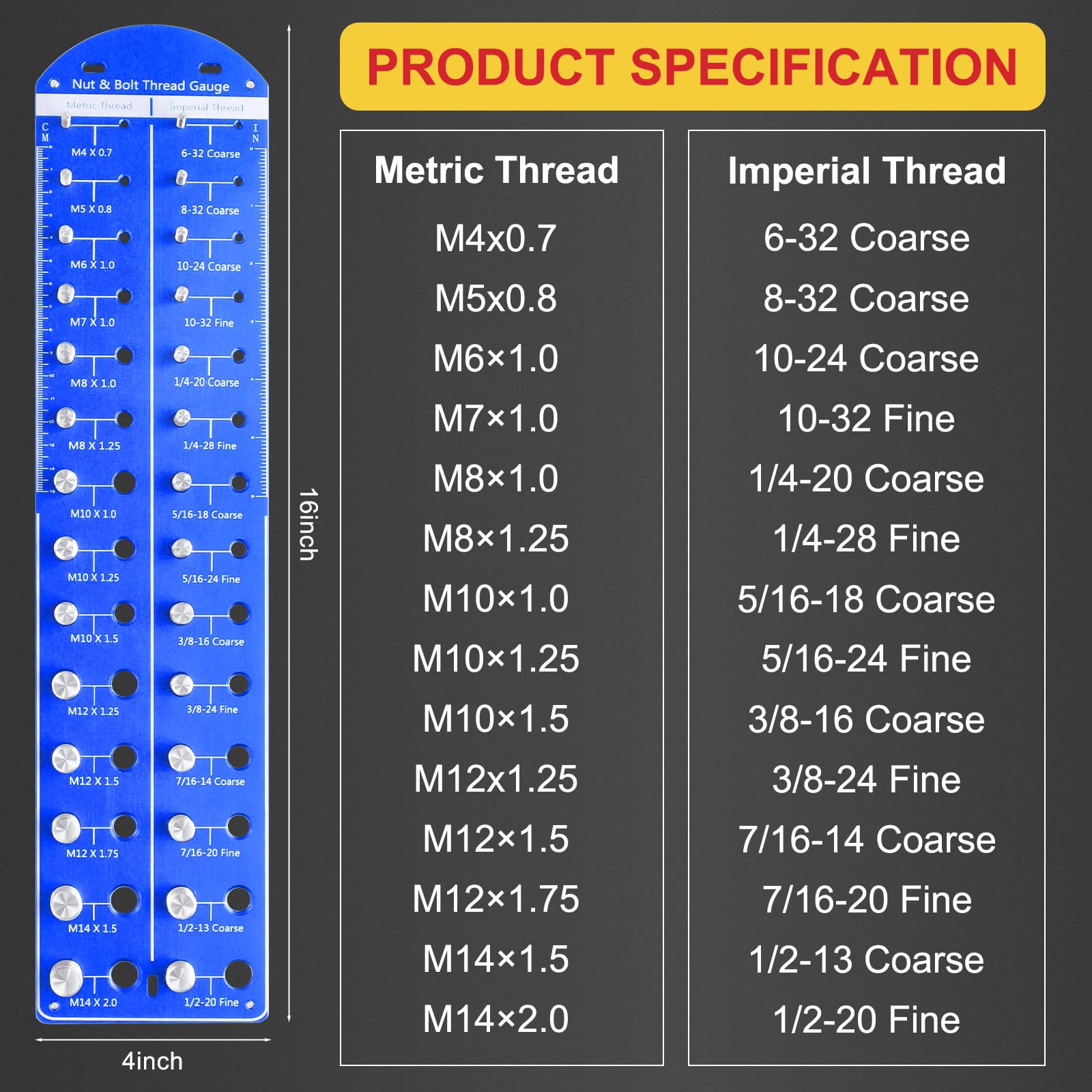Bolt & Nut Thread Checker Gauge - 14 Metric & 14 Standard Sizes, Solid Aluminum With Laser Marks - View #2