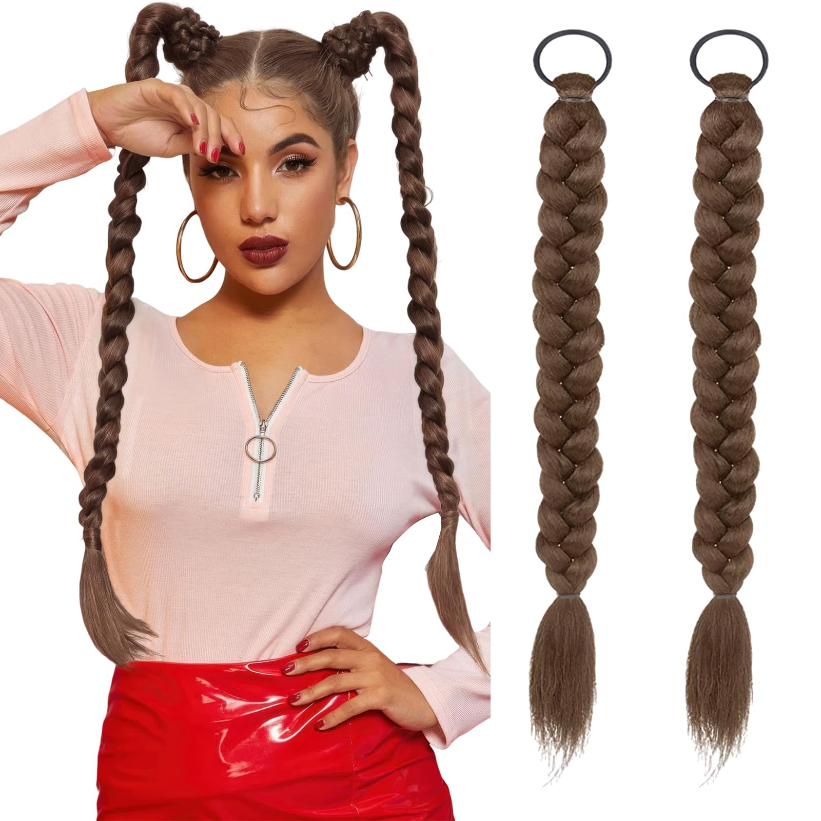 Photo 1 of 2Pcs Braided Ponytail Extensions with Hair Ties Soft Synthetic Hair Pieces Straight Wrap Around Hair Extensions Pony Tail Hairpieces Accessories for Women Daily Wear 16 Inch (Brown)