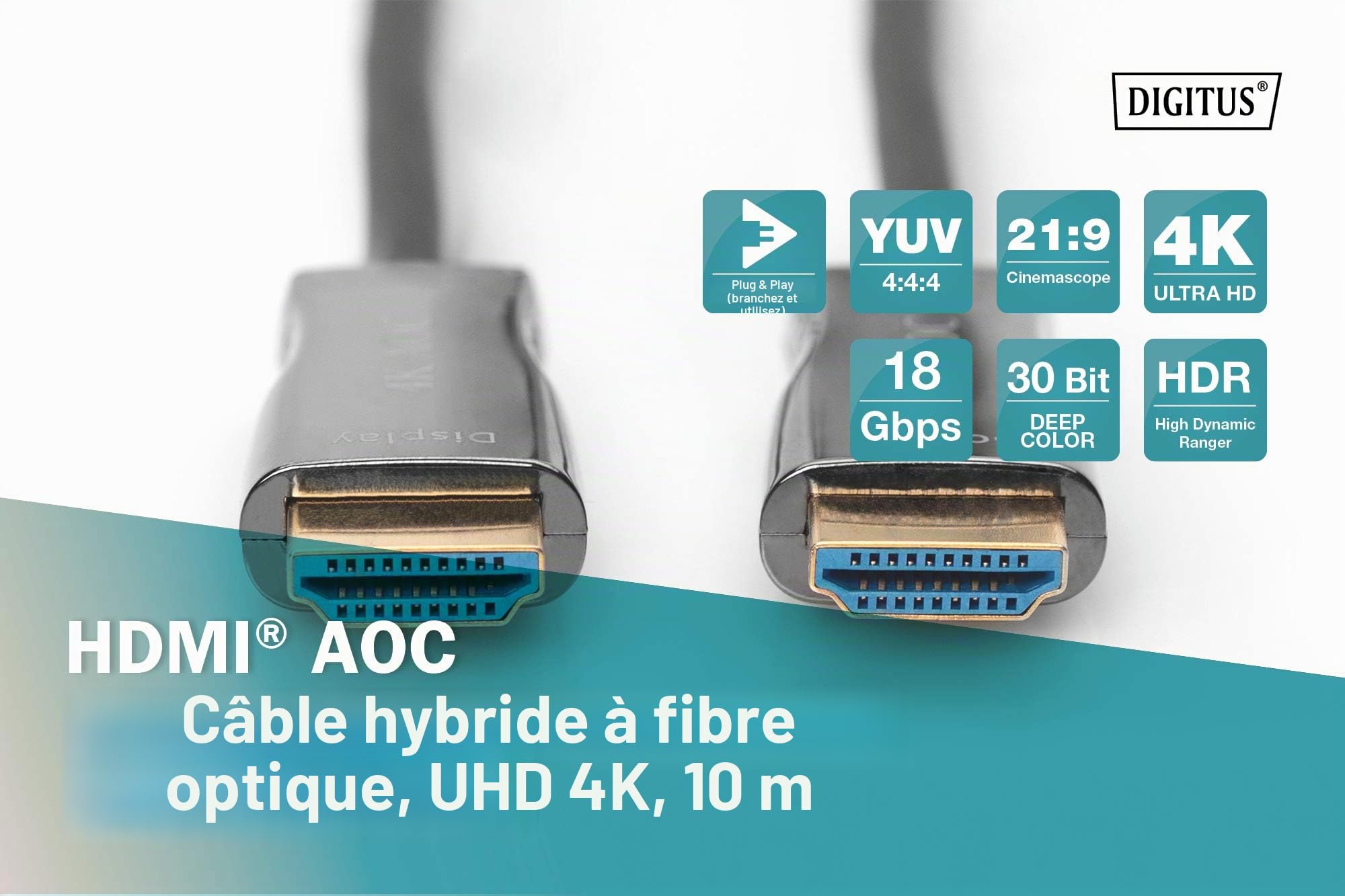 DIGITUS Câble HDMI en Fibre Optique – 15 m – UHD 4k 60 Hz 1080p 120 Hz – HDMI 2.0 – 18 Gbps – Arc, HDR, HDCP 2.2, CEC – Câble Hybride AOC – Contacts plaqués Or – Noir