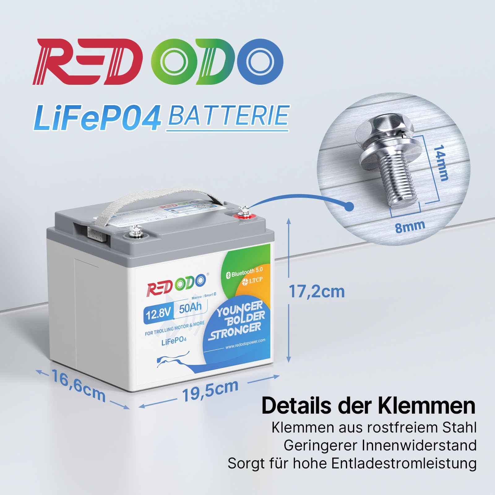 Redodo Smart Bluetooth 12V 50Ah LiFePO4 Lithium Batterie für Trolling Motor, Low-Temp Schutz, 10 Jahre Lebensdauer, leicht & tragbar Perfekt für RV, Solar, Boot, Marine, Camping