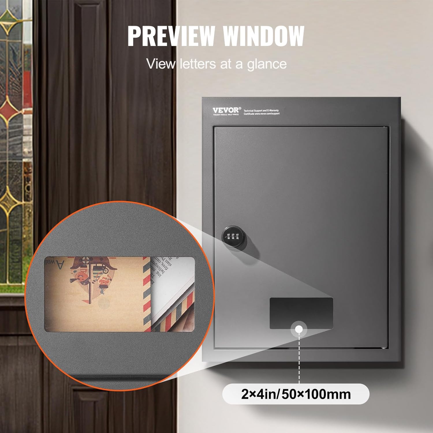 VEVOR Through The Wall Drop Box Deposit Safe 12.5x6.3x16.9, Rainproof Heavy Duty Steel Mailbox with Combination Lock for Wall Thickness 2.8"-7.9" Home Office, Locking Wall Mount Mail Drop Box, Gray