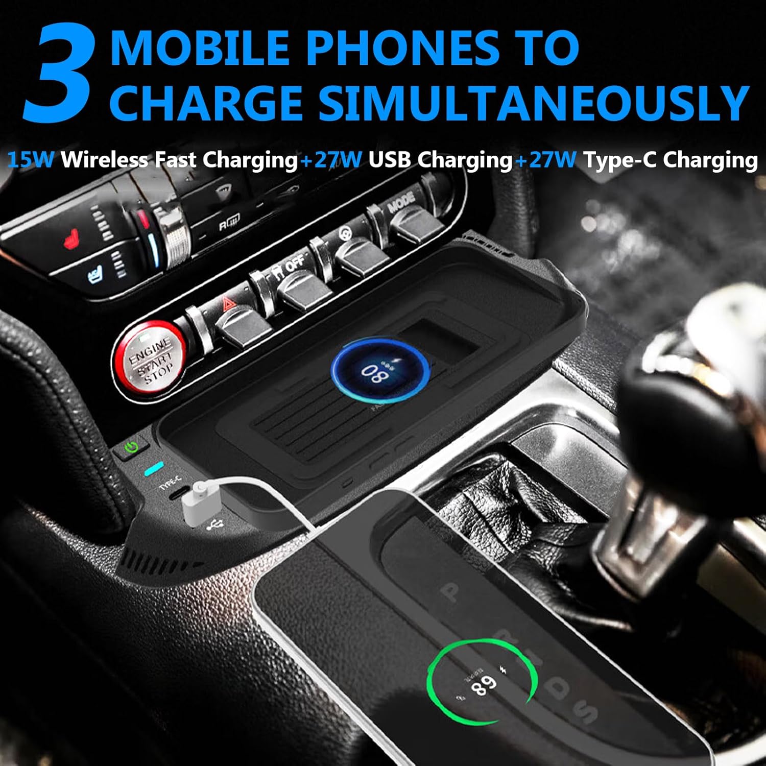2025 New Version Car Wireless Charger for Ford Mustang 2015-2023 All Models, 15W Fast Charging Phone Tray with 27W USB + Type-c Port Qi Phone Wireless Charger, Black