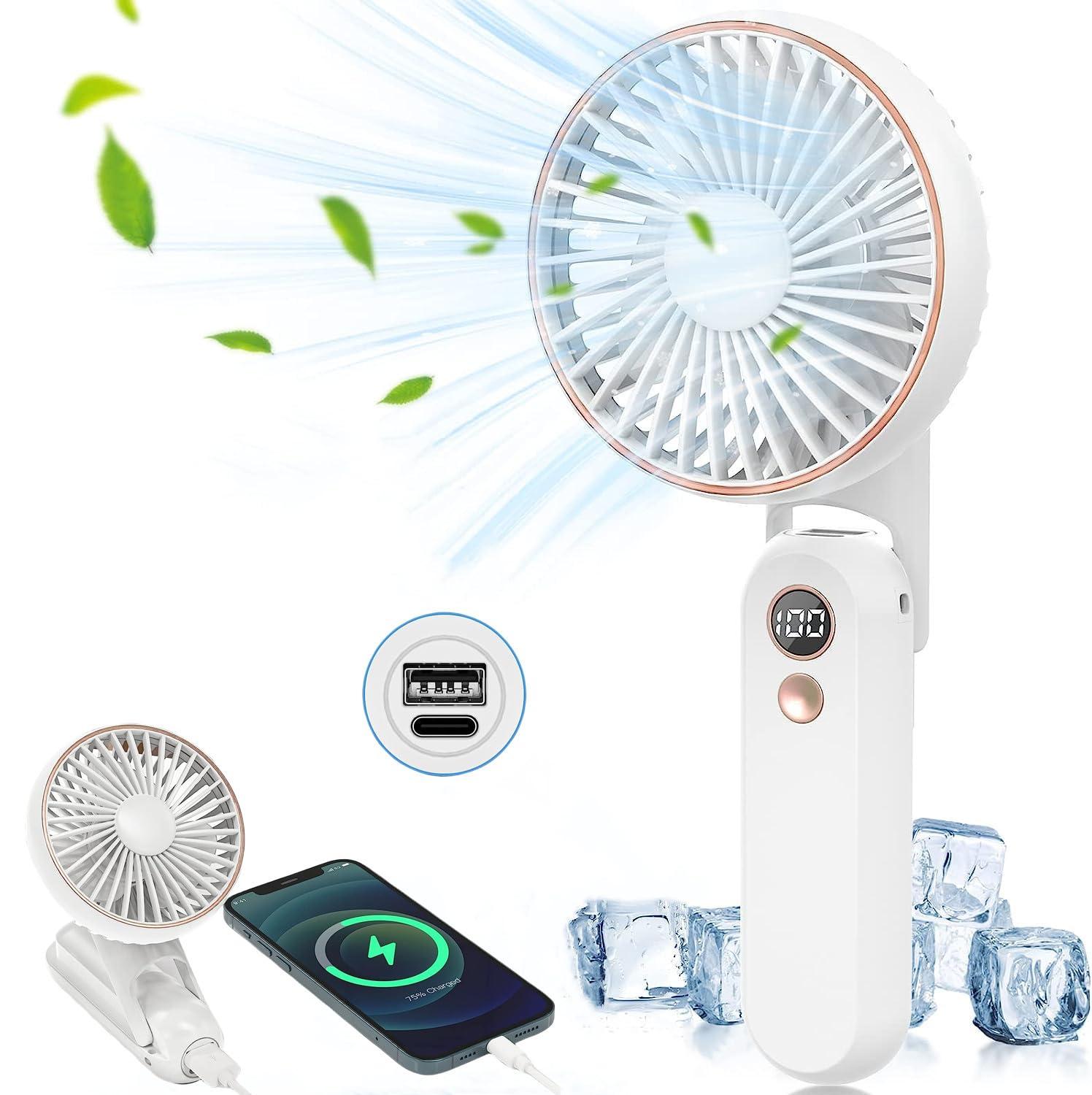 Handheld Fan, Mini Portable USB Rechargeable Foldable Fan, 5 Speeds, 180° Adjustable, Small Fan for Home Office Bedroom Outdoor Travel (White)