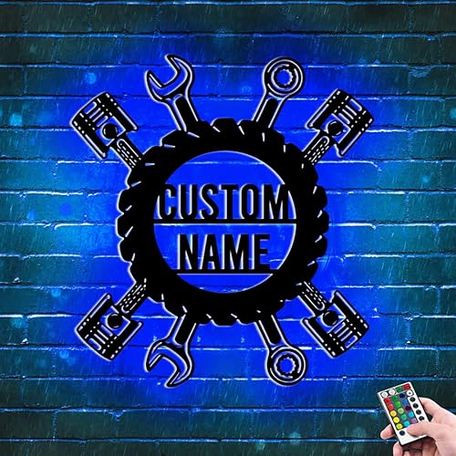 Letrero de metal personalizado con nombre de luz LED para garaje para el día del padre, decoración de pared, caja de herramientas, letrero de metal,