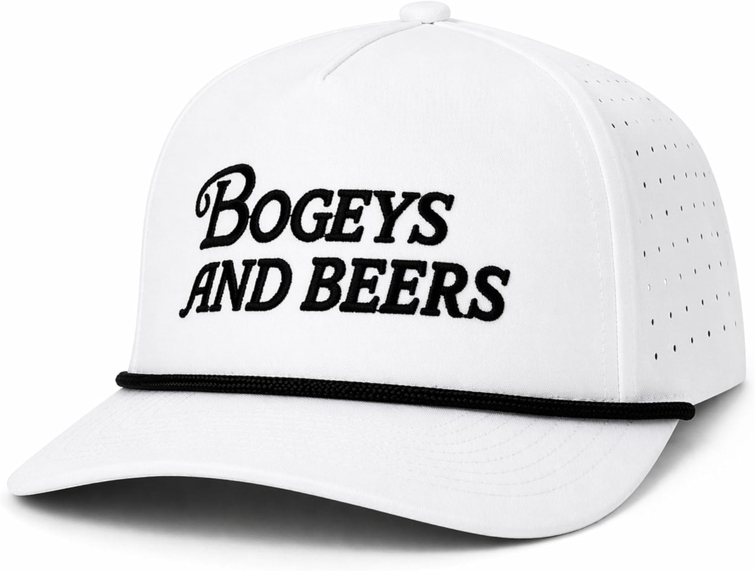 Bogeys and Beers Funny Rope White with Black Rope and Letters, Performance Blend, Adjustable Snapback, Moisture Wicking Golf Hat