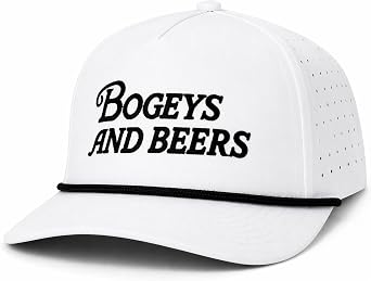 Bogeys and Beers Funny Rope White with Black Rope and Letters, Performance Blend, Adjustable Snapback, Moisture Wicking Golf Hat