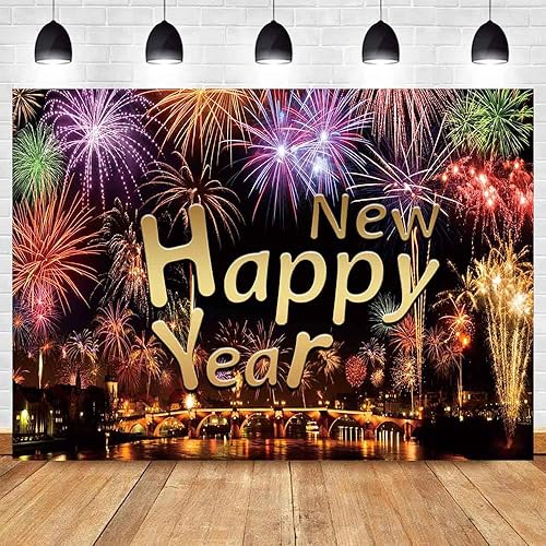 DOTOOMA 7X5FT Feliz Año Nuevo Coloreado Fotografía Fotografía Fondo Escena Noche Urbana Río Puente Festival Celebración Fiesta Fiesta Foto Fondos