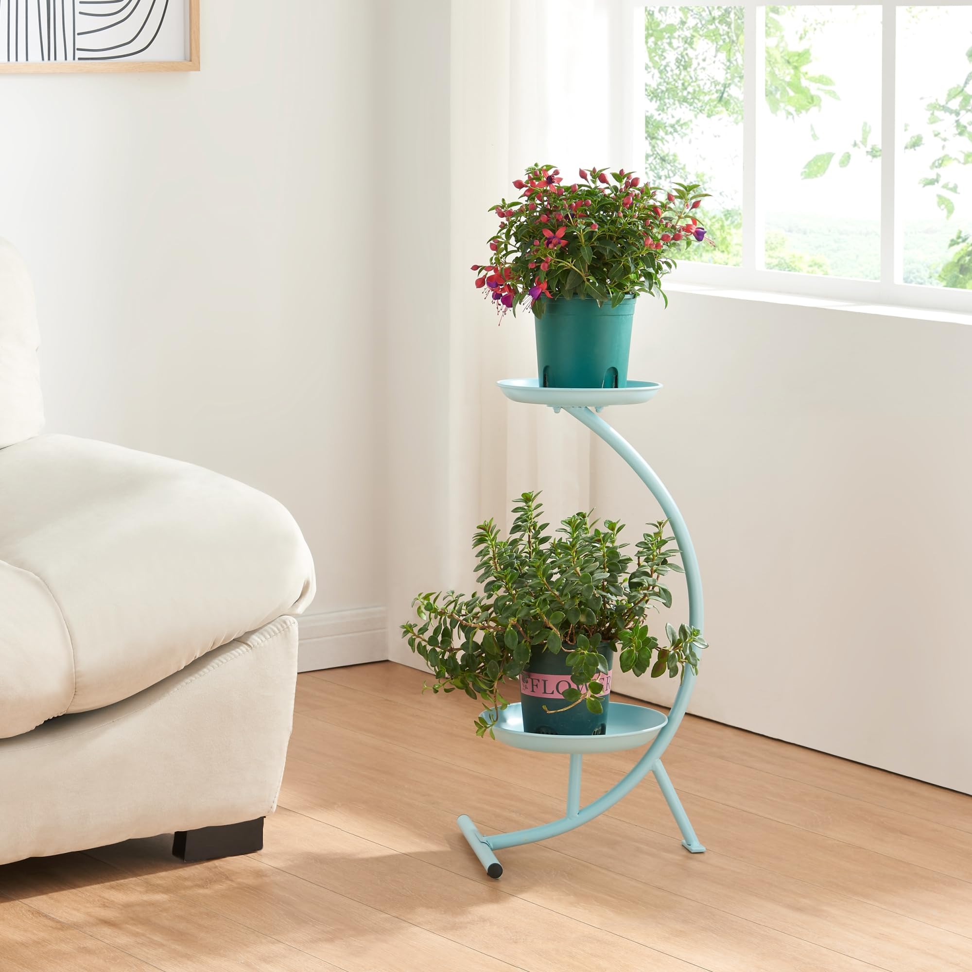 [en.​casa] Stand Portapiante con 2 Piani Portavasi Supporto a Forma di C Portafiori in Metallo Espositore per Piante a 2 Livelli 61,​5 x 30 x 25 cm Azzurro