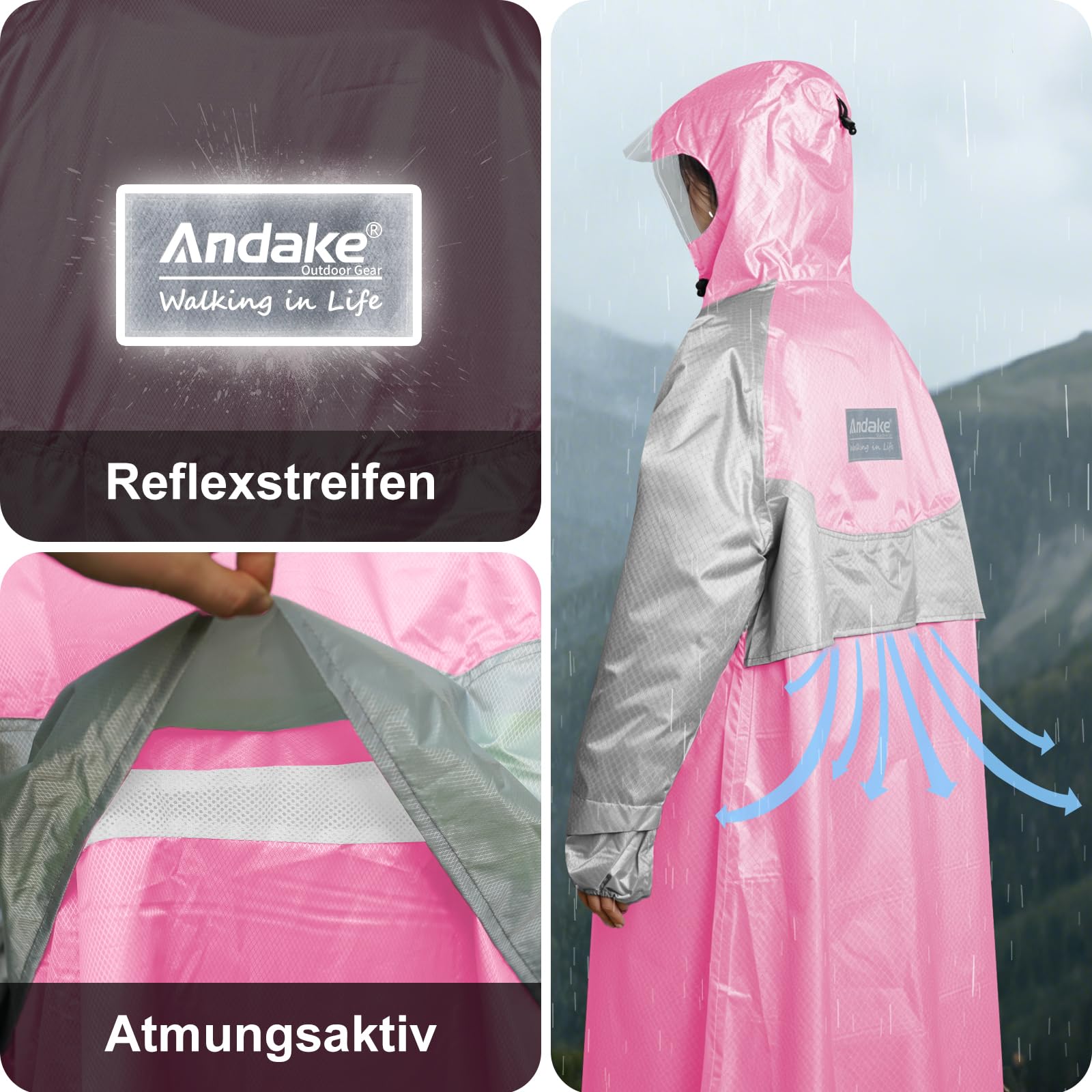 Andake Veste de pluie imperméable, légère et portable avec manches, unisexe, matériau indéchirable, convient pour l'extérieur, le cyclisme, la randonnée, la pêche