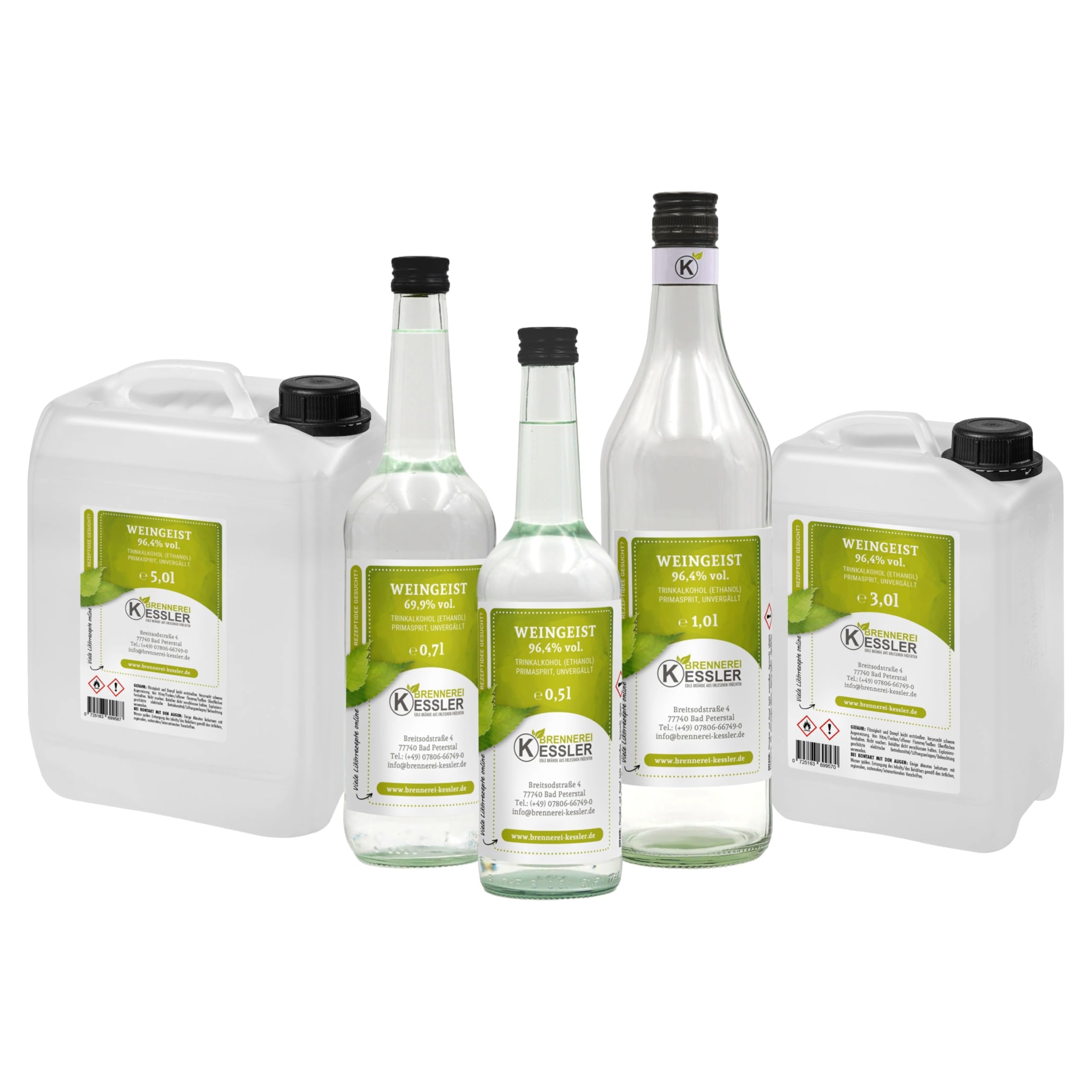 Brennerei Kessler Weingeist Primasprit Ethanol Trinkalkohol 96,4% - 1000ml - zur Herstellung von Likören - Direkt aus der Brennerei