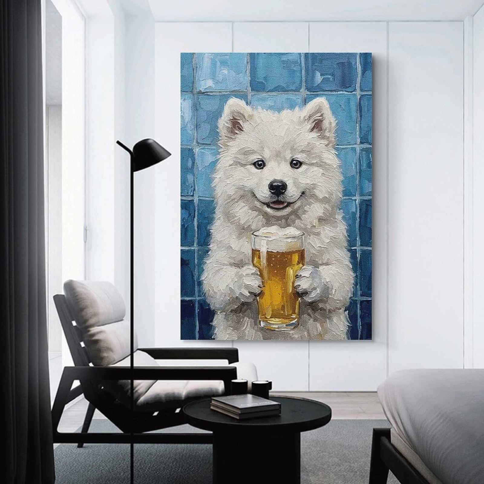 Junmoney Unframe-Style-2 Canvas Wall Art Dog With Beer Painting, 24X36inch(60X90cm), For Lounge, Study, Hallway Or Flat Walls, Canvas Wall Art That Fits Changing Layouts