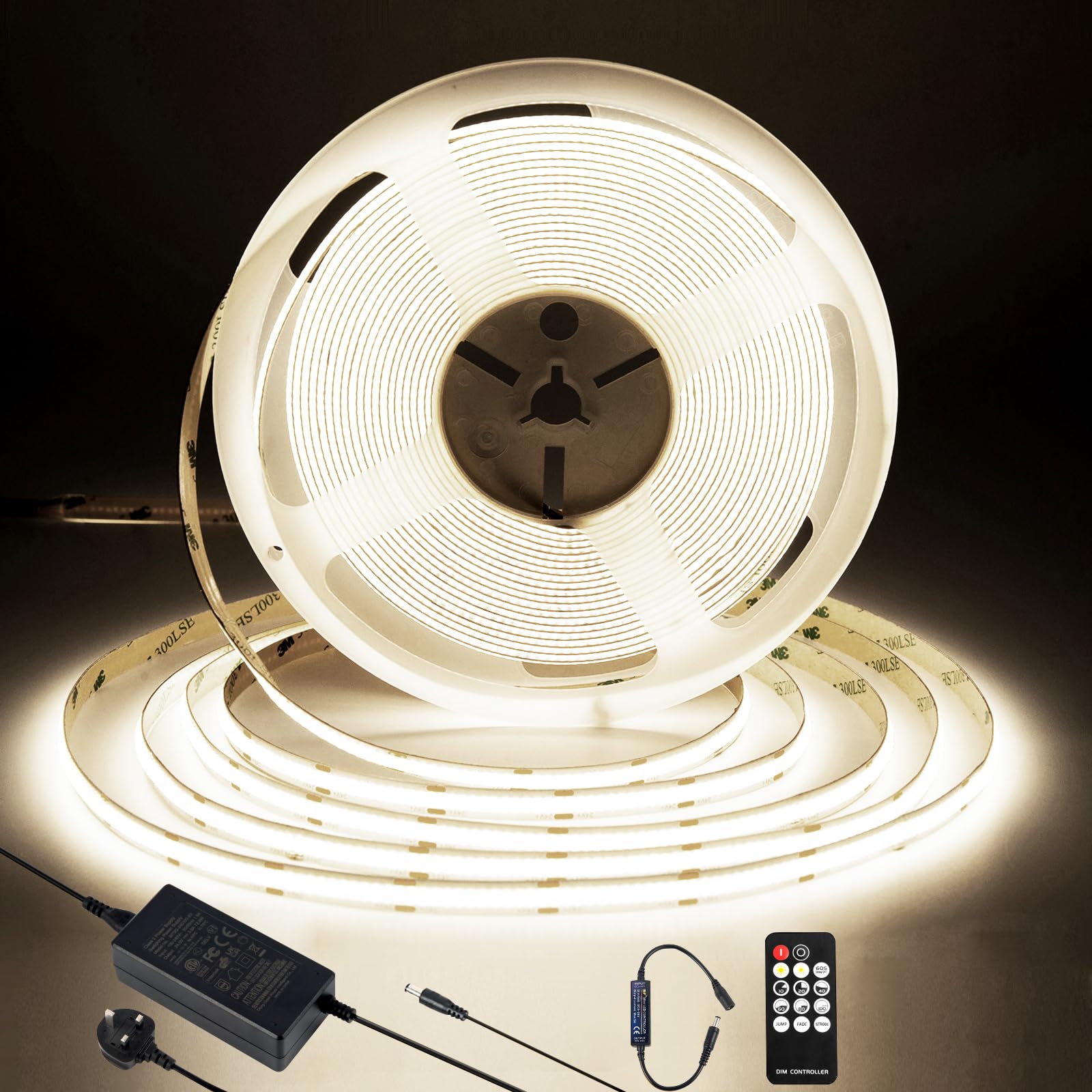 COB LED Strip 10M,4000K Natural White Dimmable Dotless LED Strip Lights ,with 3840 LEDs,CRI90+, 8mm Wide ,with RF Remote and Power Supply, 24V LED Light Strip for Indoor Room,Kitchen,cabinets,Mirrors — image 1