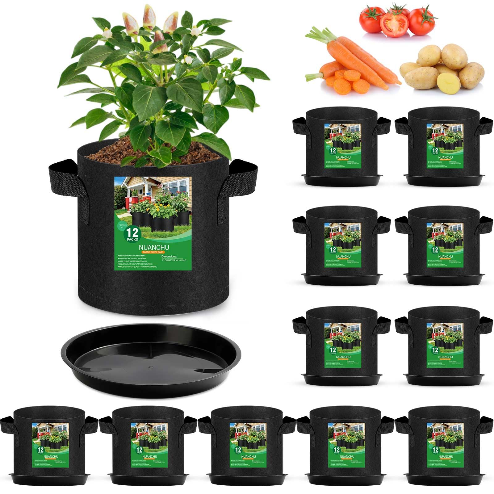 Funnymoom 12 Set 1 Gallon Grow Bag Fabric Plant Pot with Saucer and Handles