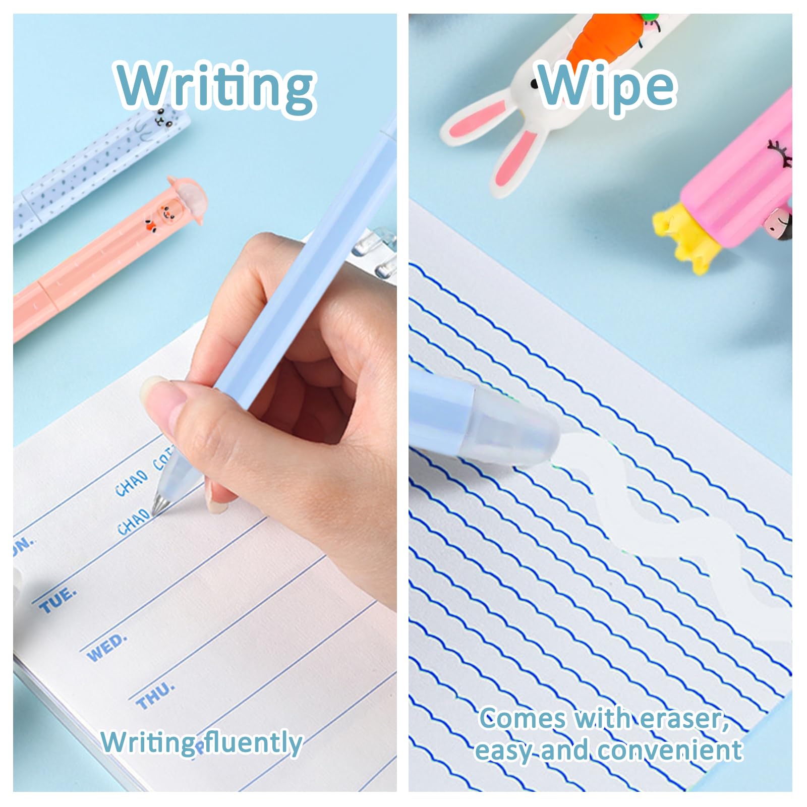 9 penne gel cancellabili a forma di animale con punta da 0,7 mm, inchiostro blu, penne gel per scrittura fluida, riscrivibili, set di penne termiche per scuola, ufficio, appunti, cancelleria