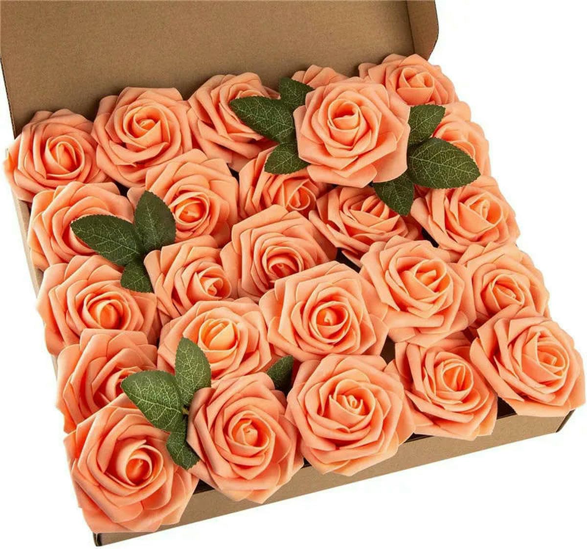 AYHTUD 10~100pcs Rose Artificial Flowers Foam Fake Roses Wedding Bouquets Centerpieces Mothers Day Valentines Party Decoration-Orange-25pcs no box leaves