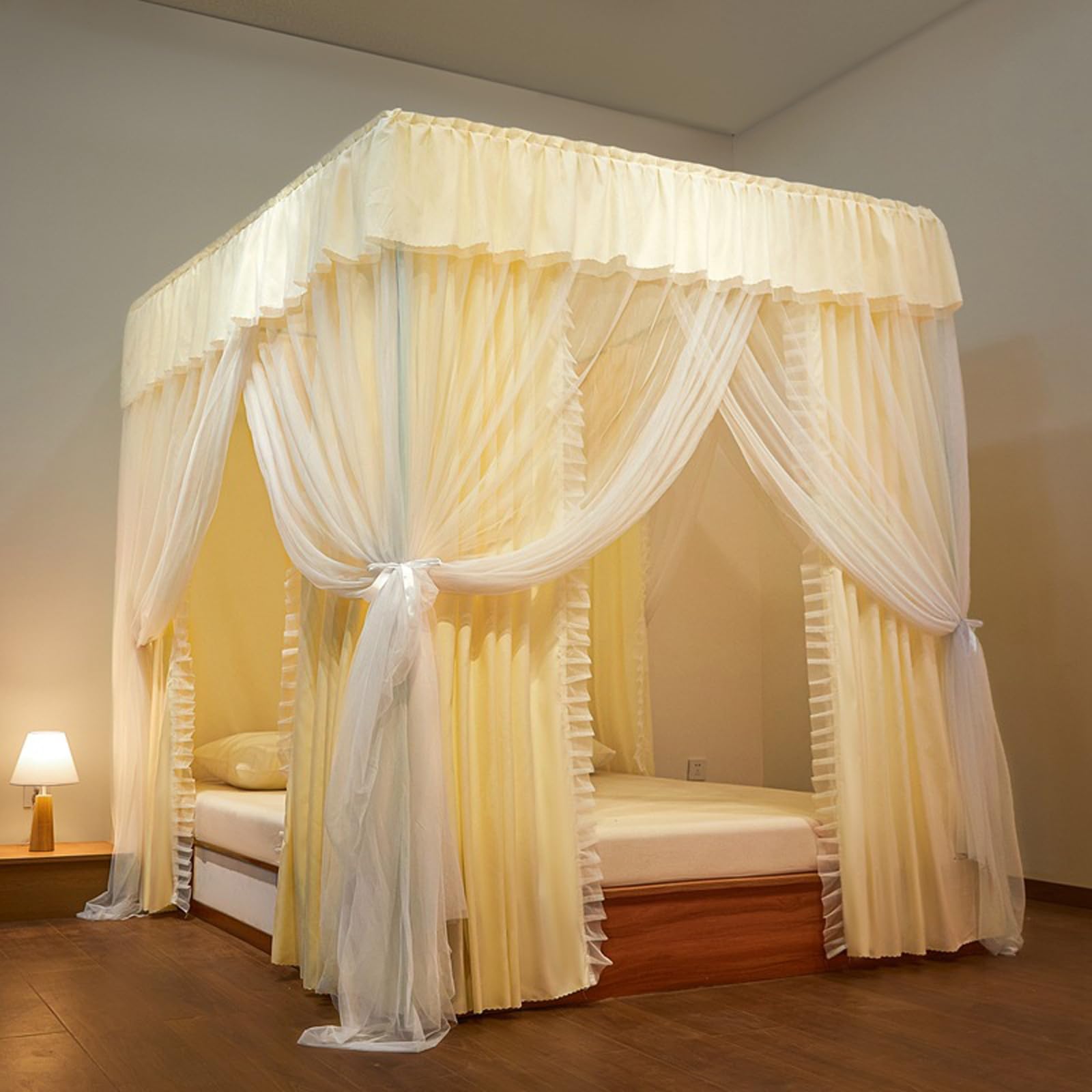 ZFPKXHVMG 4 Opening Mosquito Net, Double Layer Four Corner Princess Bed Canopy Mosquito Net, Multicolor, Multiple Sizes(Yellow a,180 * 200 * 210cm)