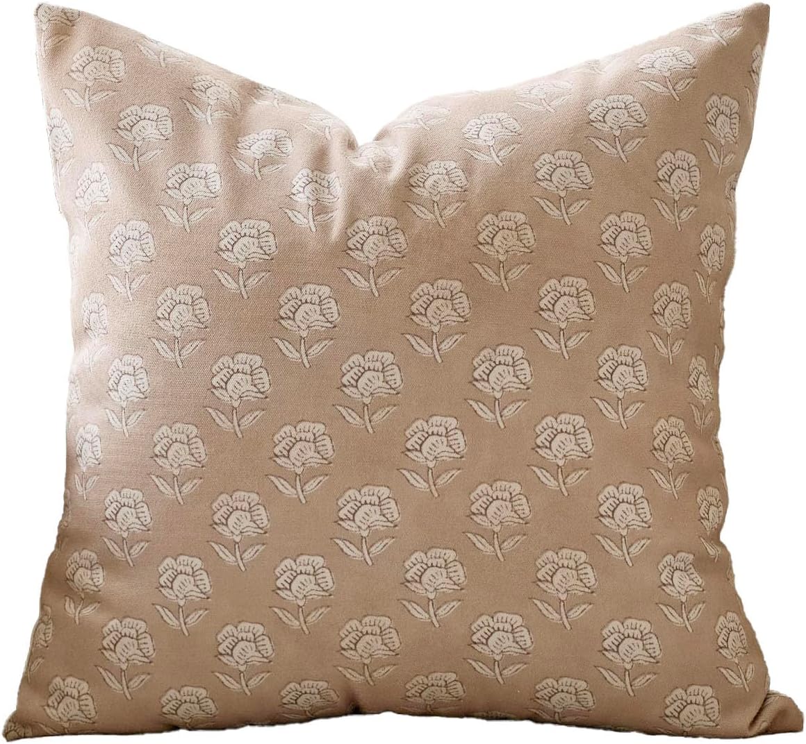 DOMVITUS Floral Pillow Covers 20x20 Throw Pillow Covers Decorative Farmhouse Block Floral Print Vintage Pillow Cover for Living Room Couch Bed, Light Camel, 1PC