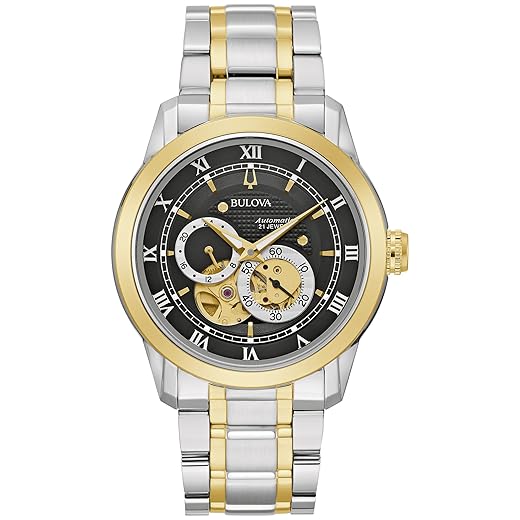 Bulova Relógio masculino clássico Sutton automático com 4 ponteiros, submostrador 24 horas, abertura aberta, corda automática, fundo de caixa de exposição, cristal mineral curvado duplo, ponteiros