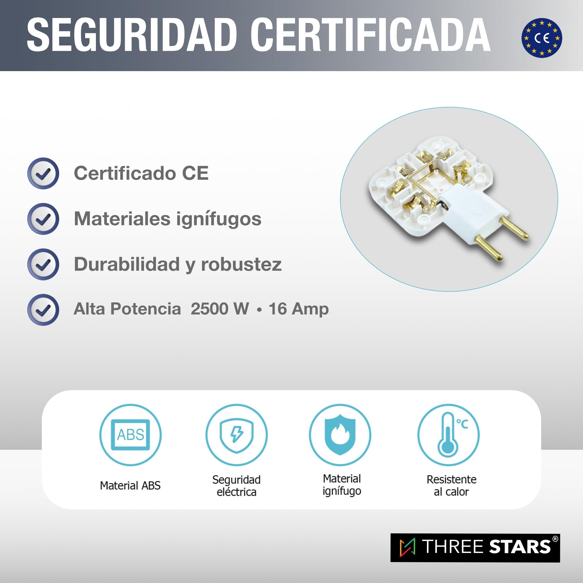 Ladrón Enchufes Plano 3 Tomas - Adaptador Europeo y Americano - Enchufe Plano Pared con Cabezal Giratorio 180º - Enchufe Extraplano para Hogar + Oficina + Electrodomésticos - Color Blanco | 3-Stars — view 7