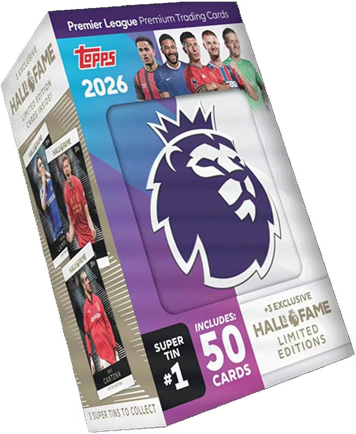 2026 Topps Premier League EPL Soccer Super Tin Trading Card Box (3 Exclusive Hall of Fame Cards Per Tin) 1 Random Box