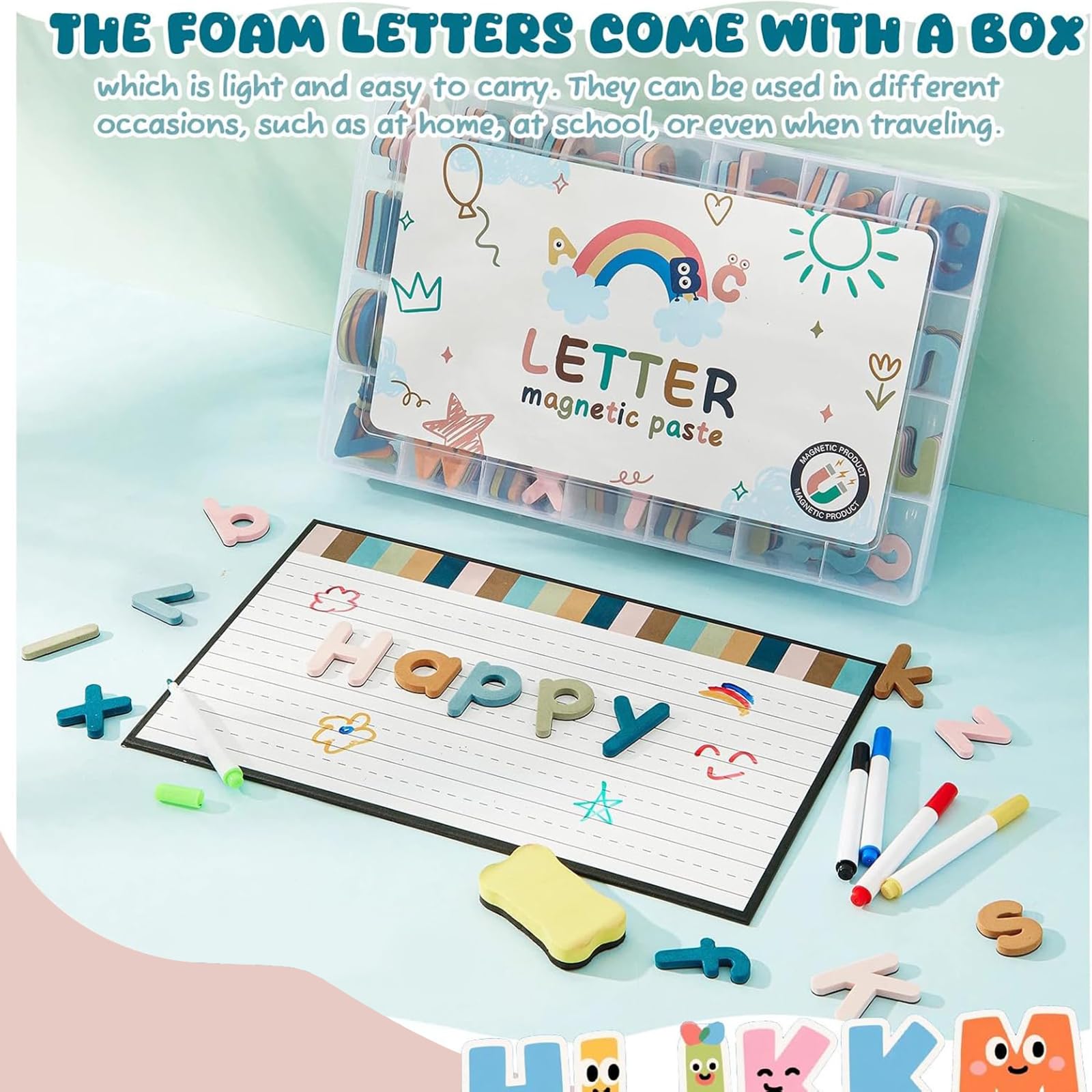 MotiMind Kit de 246 lettres de l'alphabet magnétiques en mousse souple EVA avec tableau blanc et stylos, aimants de réfrigérateur pour enfants d'âge préscolaire et d'apprentissage (couleur bohème)