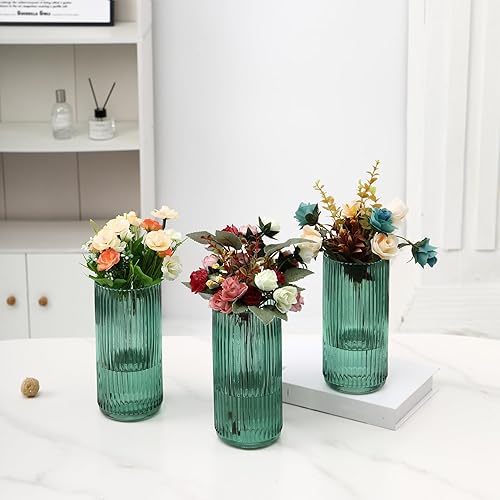 Miniatura 3 de Jarrones de vidrio verde, juego de 3 jarrones de flores, jarrones de vidrio acanalado para tulipanes, jarrones de vidrio cilíndricos altos para sala