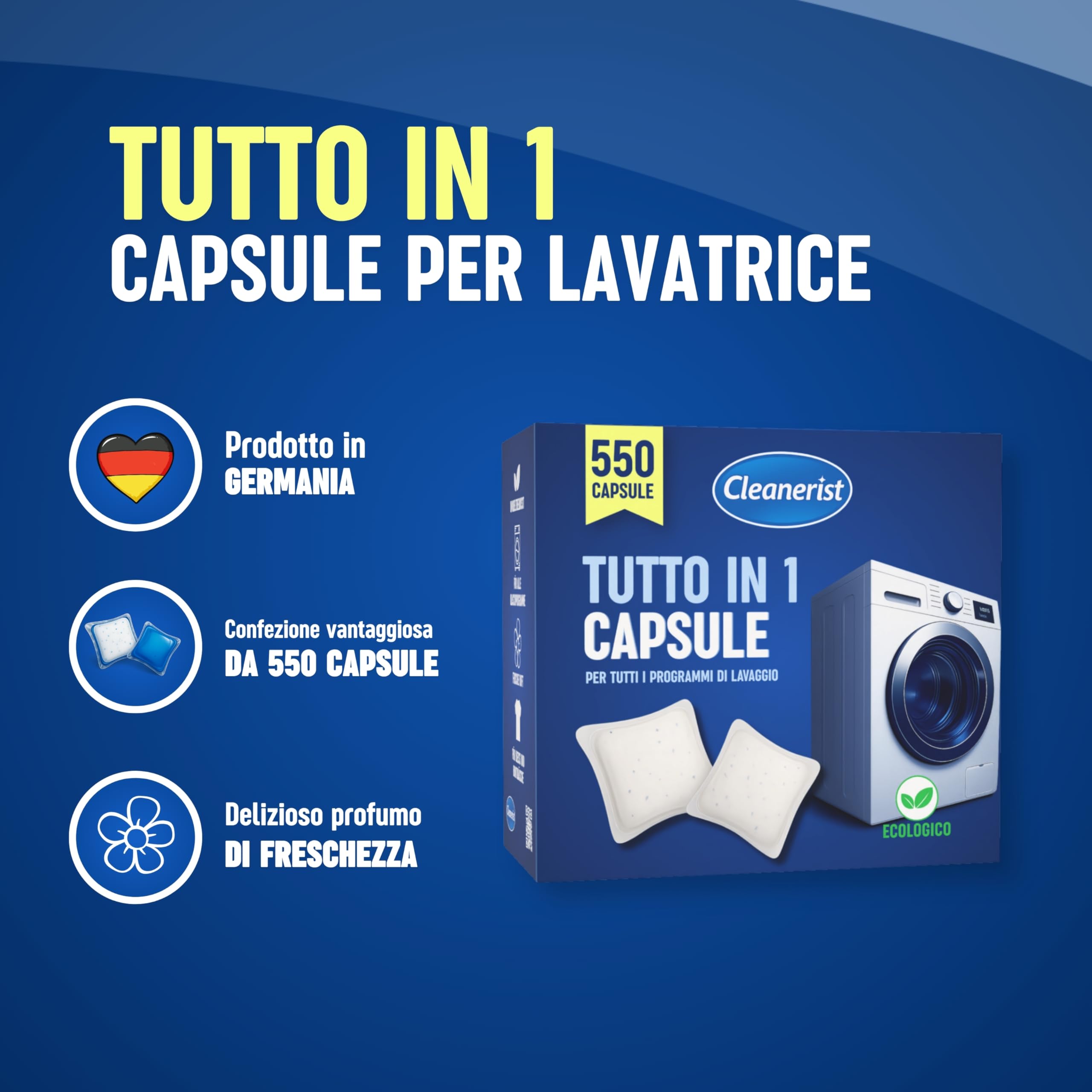 Cleanerist - Detersivo lavatrice predosato in capsule, 550 capsule (10 kg), tutto-in-1 universale per capi chiari, colorati e scuri, profumo fresco – tecnologia ActivePower+
