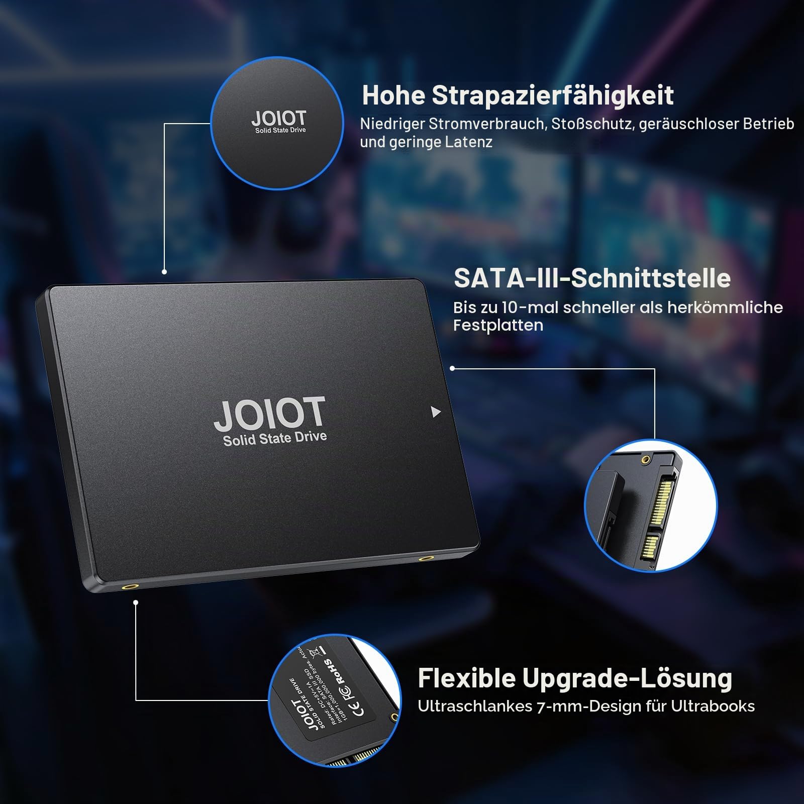 JOIOT Interne SSD 512gb Festplatte SSD SATA III SSD 2.5 Zoll 500 MB/s Lesen 450 MB/s Schreiben Solid State Drive kompatibel mit Desktop/Laptop/PC