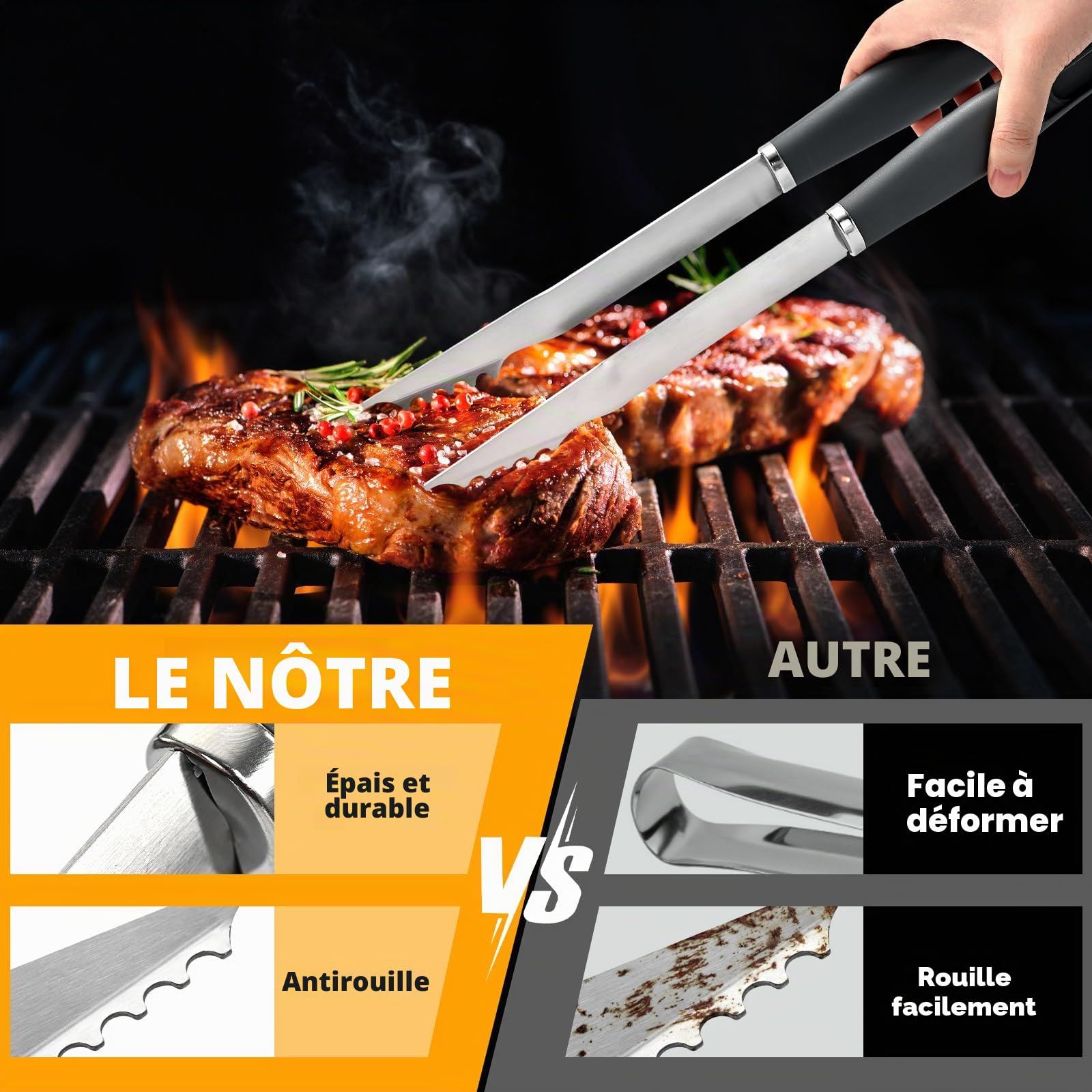 Set d'Accessoires Barbecue 10 Pièces Inoxydable - Ustensiles de Cuisson Extérieur avec Pince, Spatule, Fourchette & Brosse