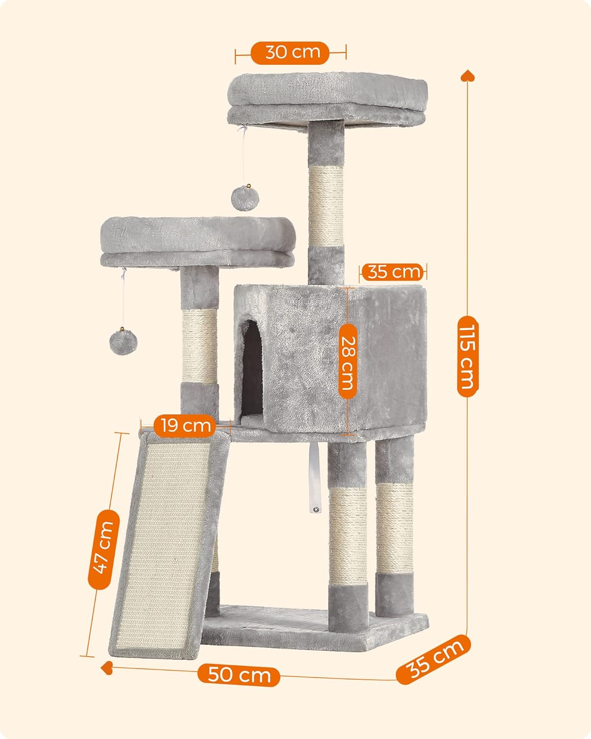 Cat Tree, Cat Condo 115 cm, Scratching Ramp, Light Grey PCT141W01