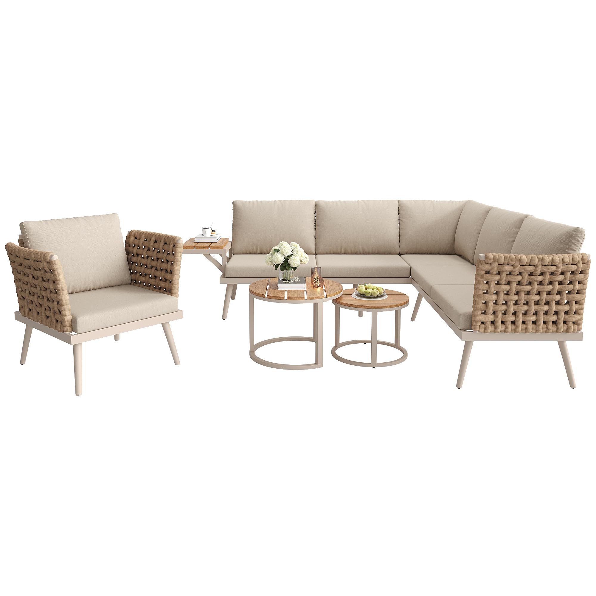 Juego de sofá de jardín para seis personas en forma de L con reposabrazos trenzados a mano, muebles de esquina de hierro resistentes a la intemperie, incluye 2 mesas de café y sillones de