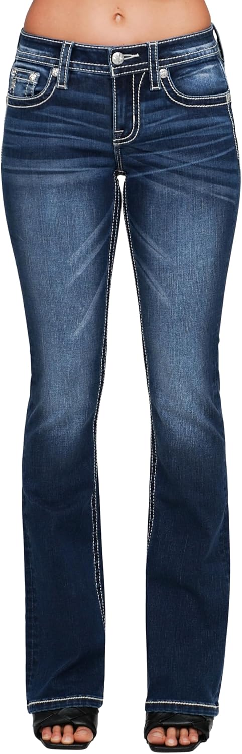 Miss Me Women's Nyah Cross Stitched Western Embellished Faux Flap Pockets Mid-Rise Bootcut Jeans - Image 2
