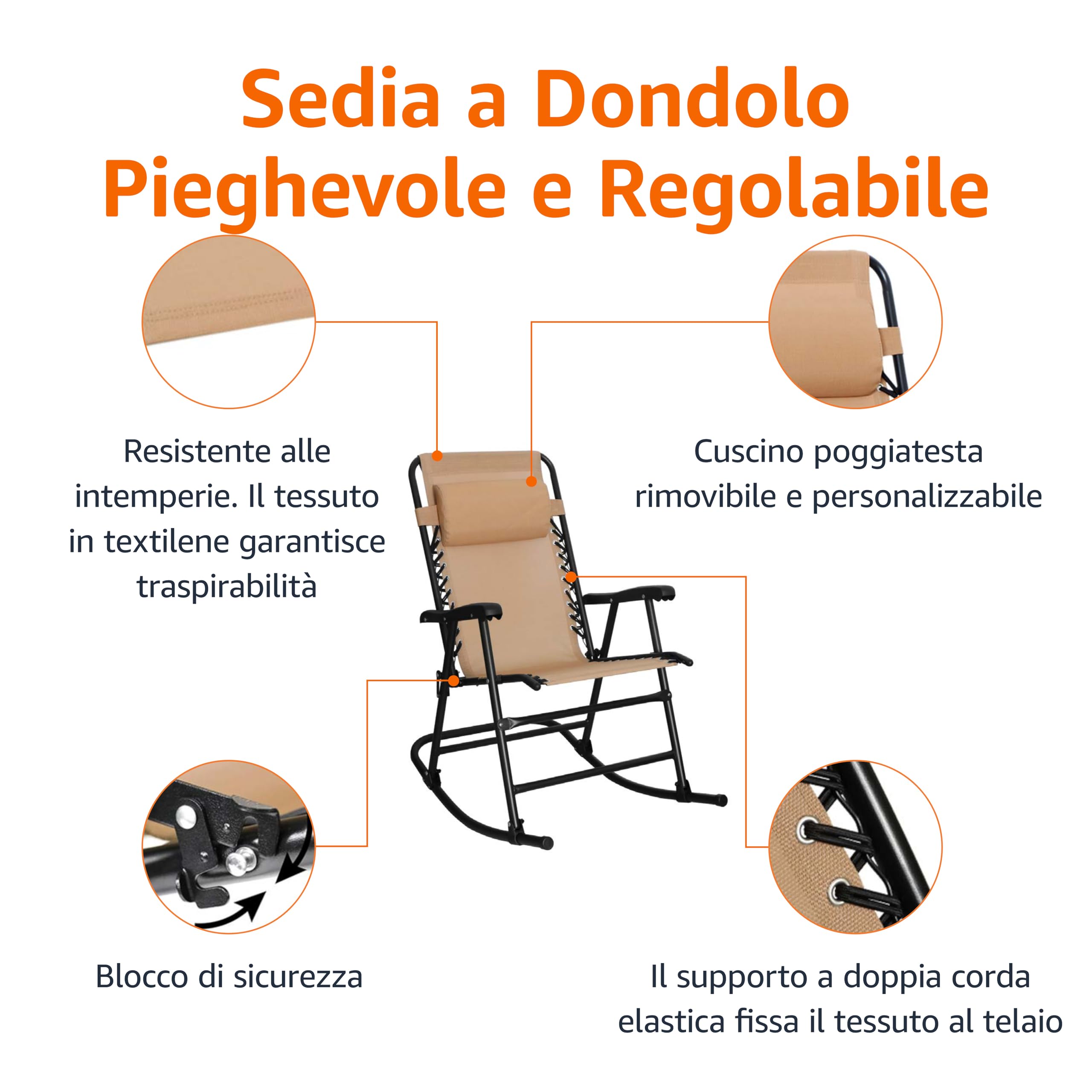Amazon Basics Sedia a dondolo pieghevole, Beige, 98 x 95 x 66 cm