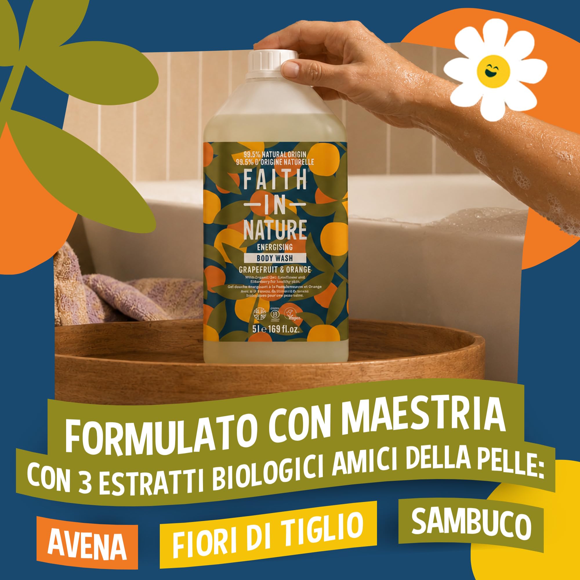 Faith In Nature Gel Doccia Naturale al Pompelmo e Arancia, Energizzante, Vegano e Cruelty Free, Senza SLS e Parabeni, Ricarica da 5 L