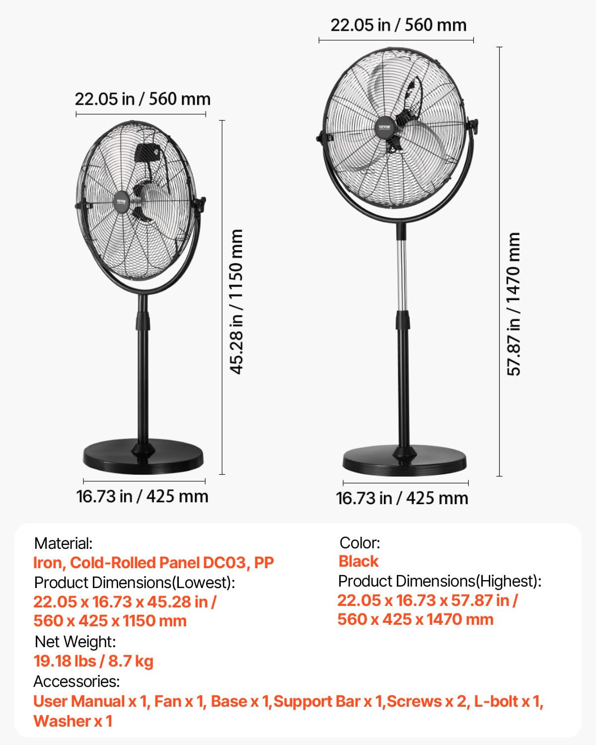 VEVOR Przemysłowy wentylator stojący, 560 mm, z regulacją wysokości 115-147 cm, wentylator podłogowy z 3 regulowanymi prędkościami, do salonu, domu, biura, czarny