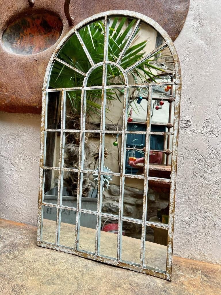 Arch Window Mirror, Rustic Distressed Curved Arch Metal Frame Indoor Outdoor 60cm White Cream Curved Decorative Garden Mirror