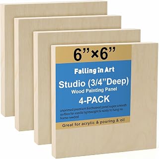 Falling in Art 4-Pack 6x6" Unfinished Birch Wood Canvas Panels, 3/4" Deep Cradle Boards for Acrylic Pouring, Painting, Crafts