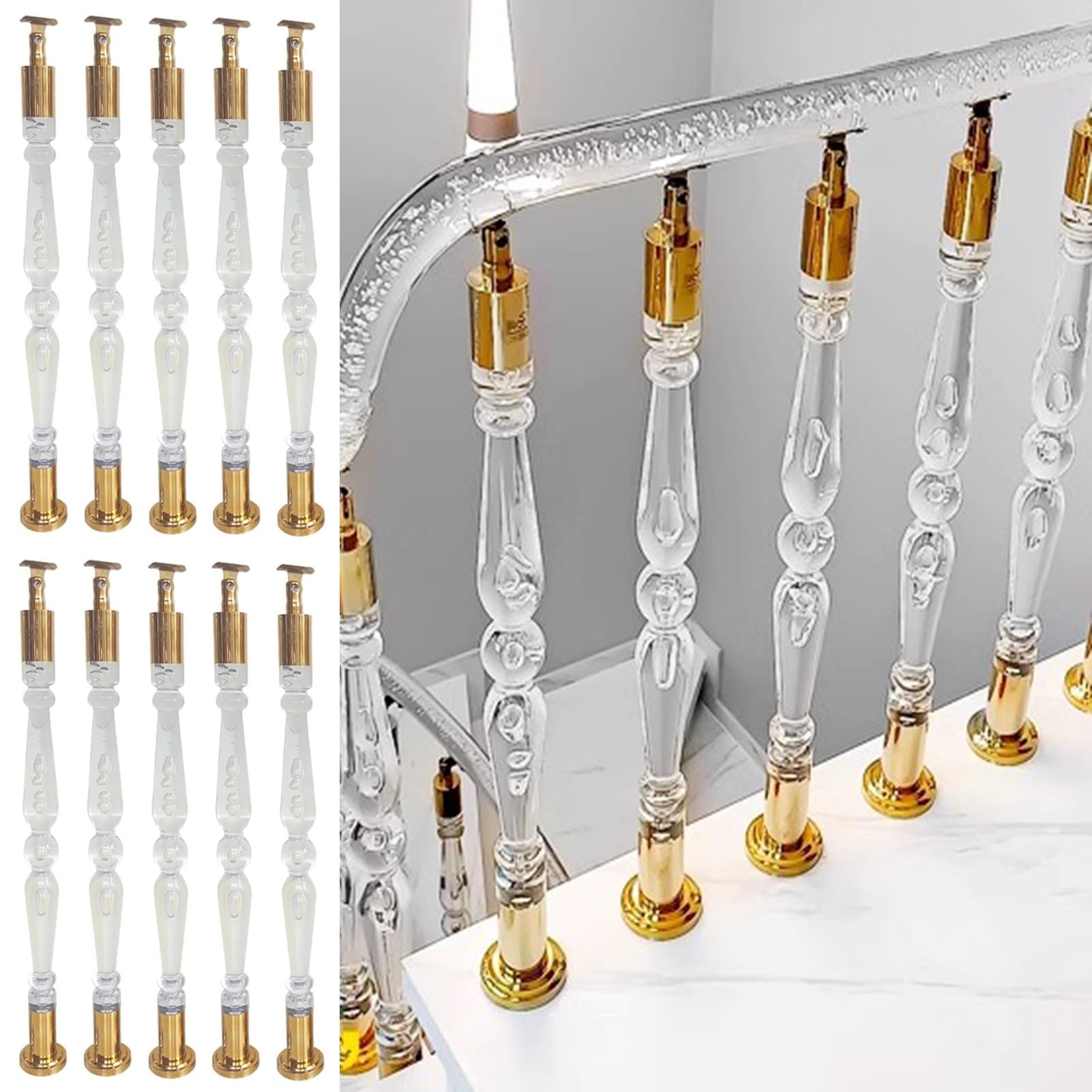 GLDYTVF Modern Acrylic Stair Railing Balusters, Transparent Stair Handrail Post Column, Interior Staircase Baluster Spindles with Gold Hardware(10 PCS,85cm(33 1/2"))