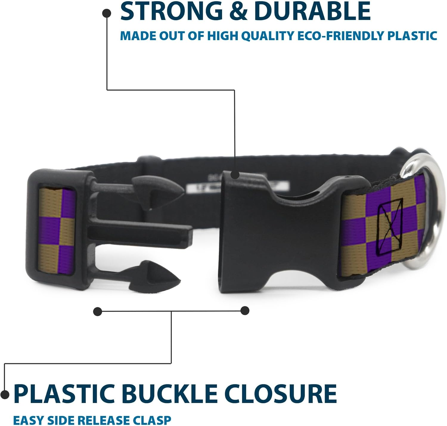Buckle-Down Plastic Clip Collar - Checker Purple/Gold - 1.5" Wide - Fits 13-18" Neck - Small