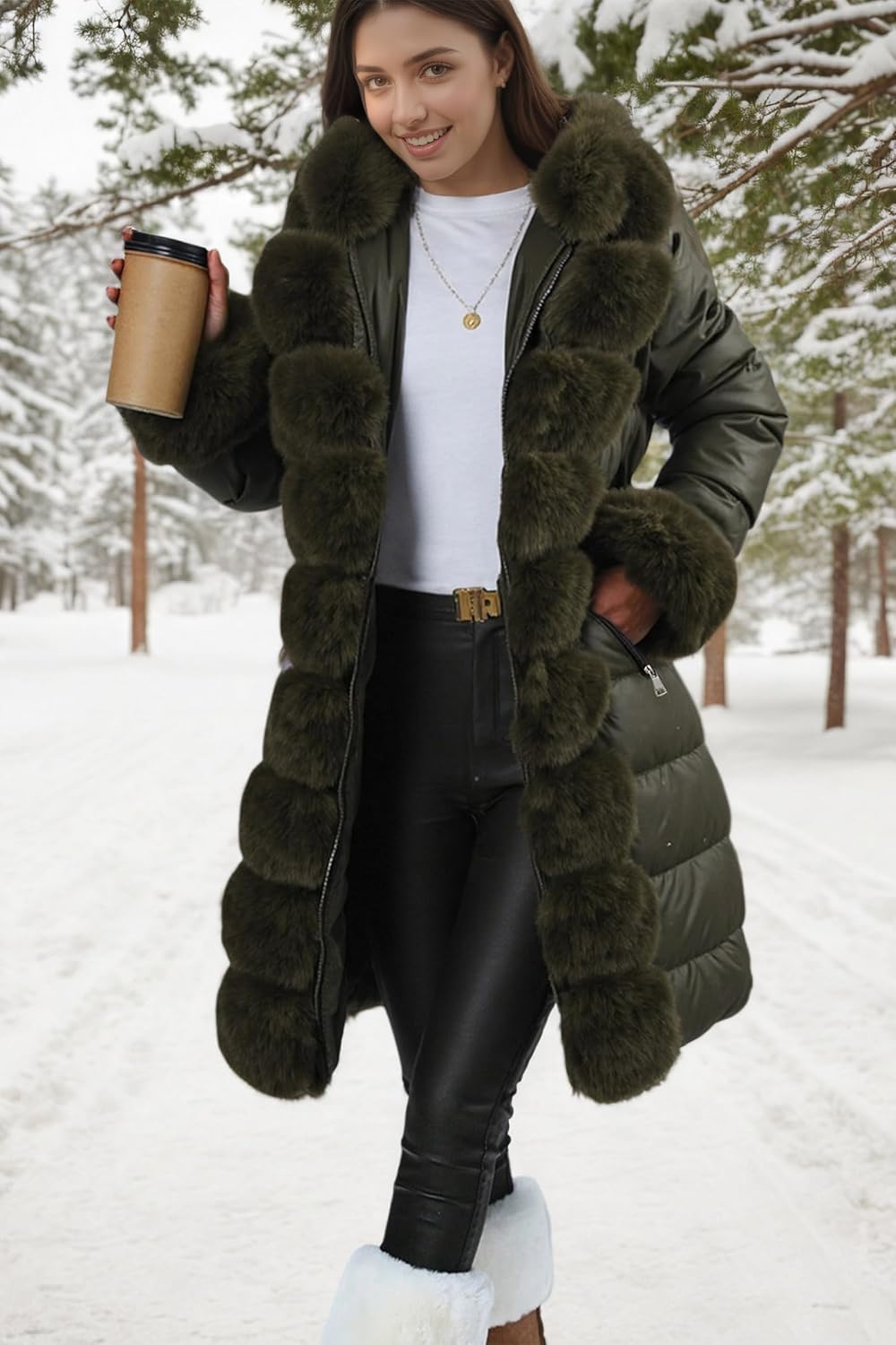 RISISSIDA Puffer Jacket Women Winter Fur Lined Coat with Long Fur Collar Hooded, Warm Leather Bubble Overcoat Cold-resistant