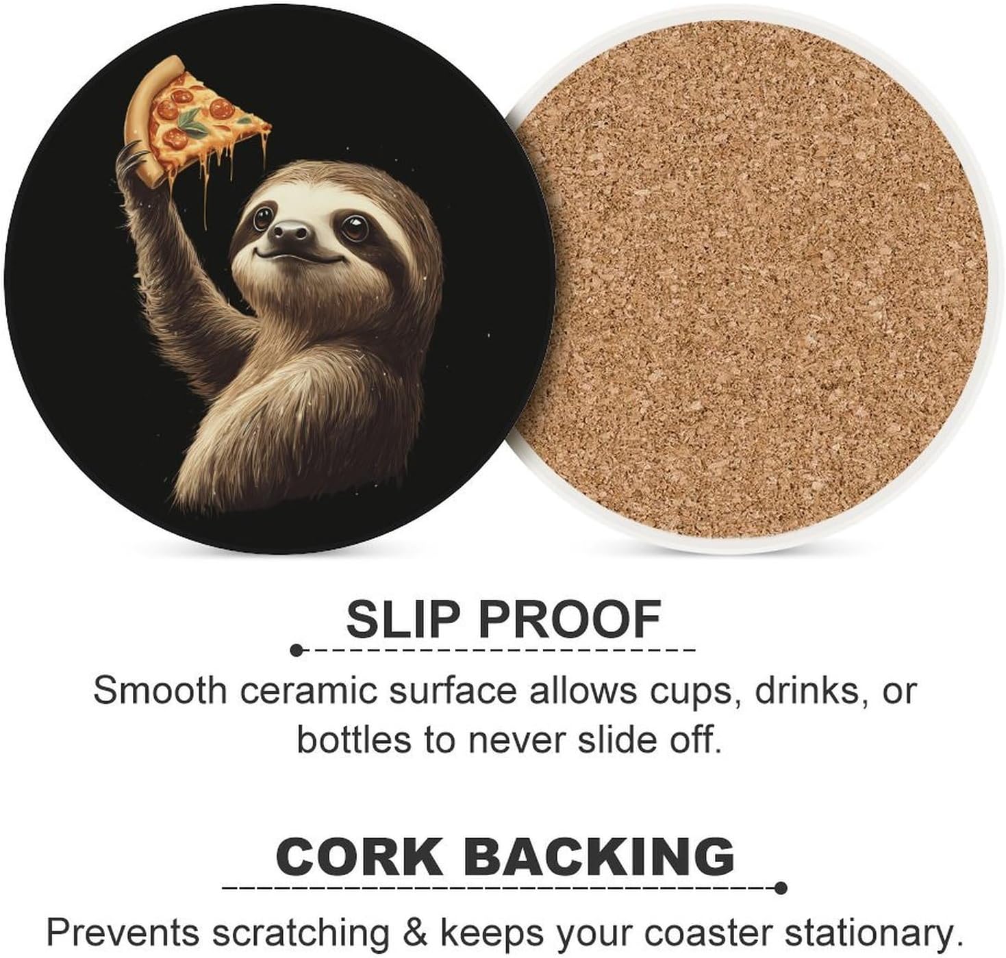 Sloth Slice of Pizza Funny Round Ceramic Coasters for Drink Absorbent Cup Holders Tabletop Protection