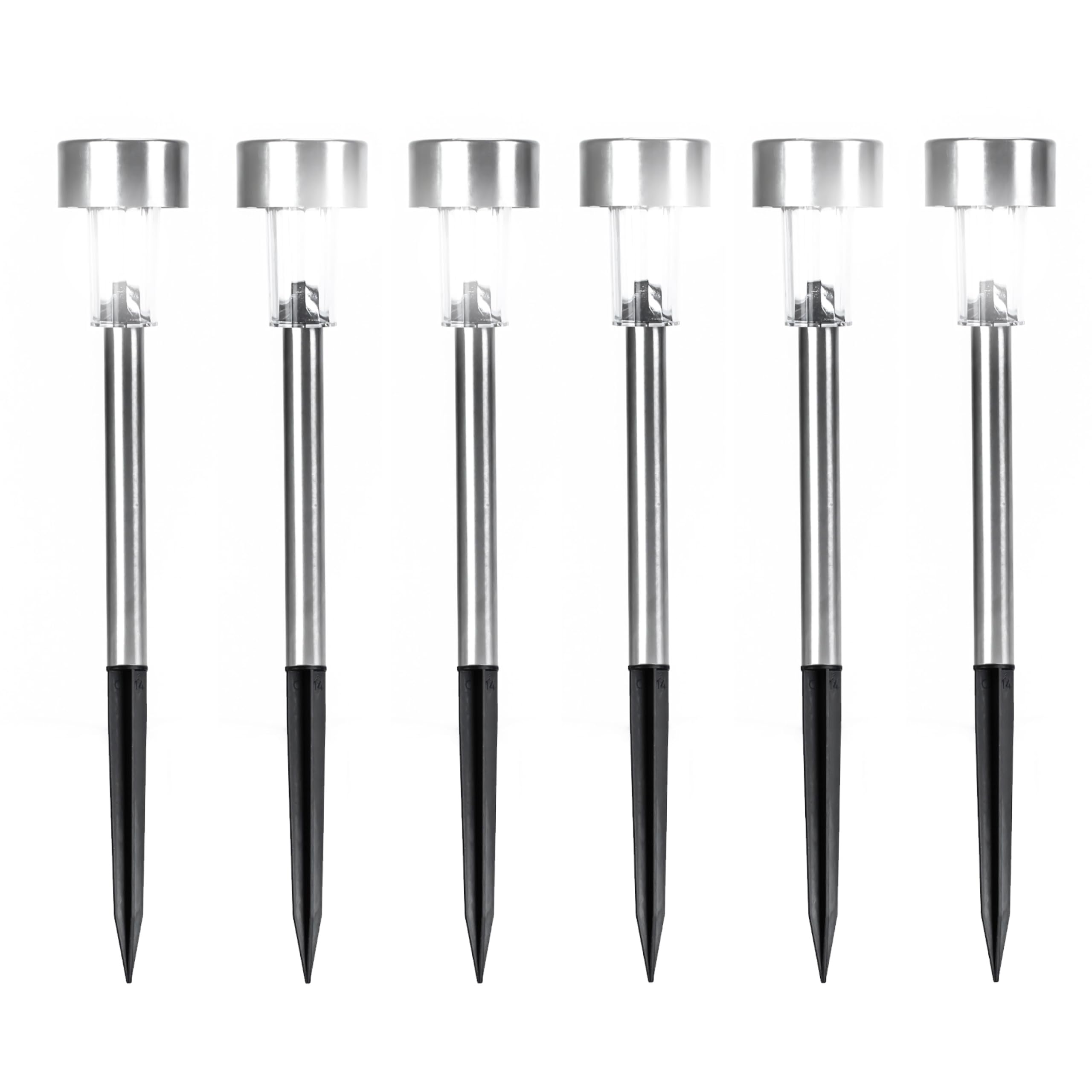 Status Solar Stake Lights, Pack of 6 Stainless-Steel 5.5cm White-LED Garden Path Lamps, IP44 Weatherproof with Rechargeable Batteries Included (MELBOURNESS6PK3)