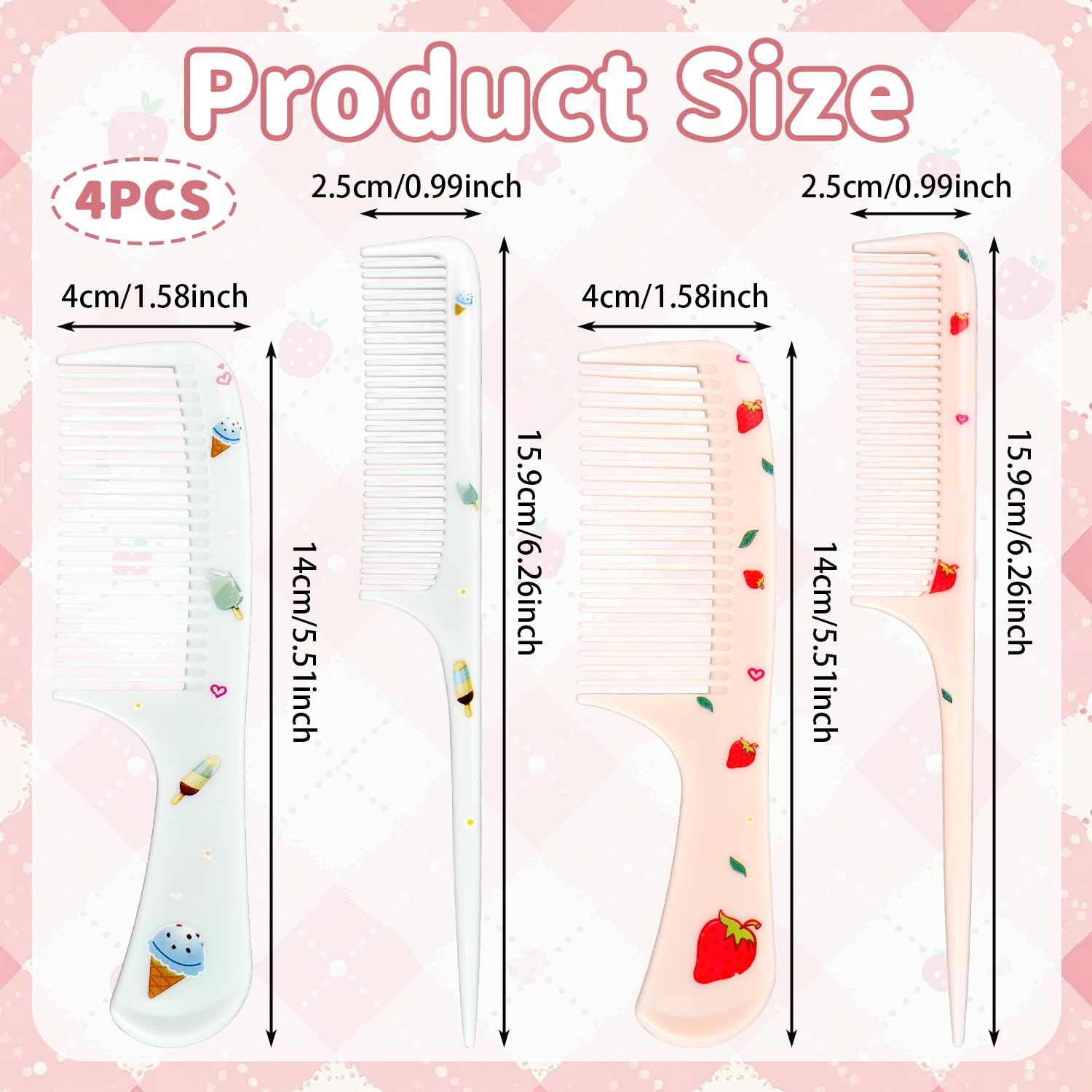 Lot de 4 peignes à cheveux mignons, peigne pour bébé en fraise & glace, miniatures, dents fines & queue de rat, pour femmes, filles, enfants, tous types de cheveux